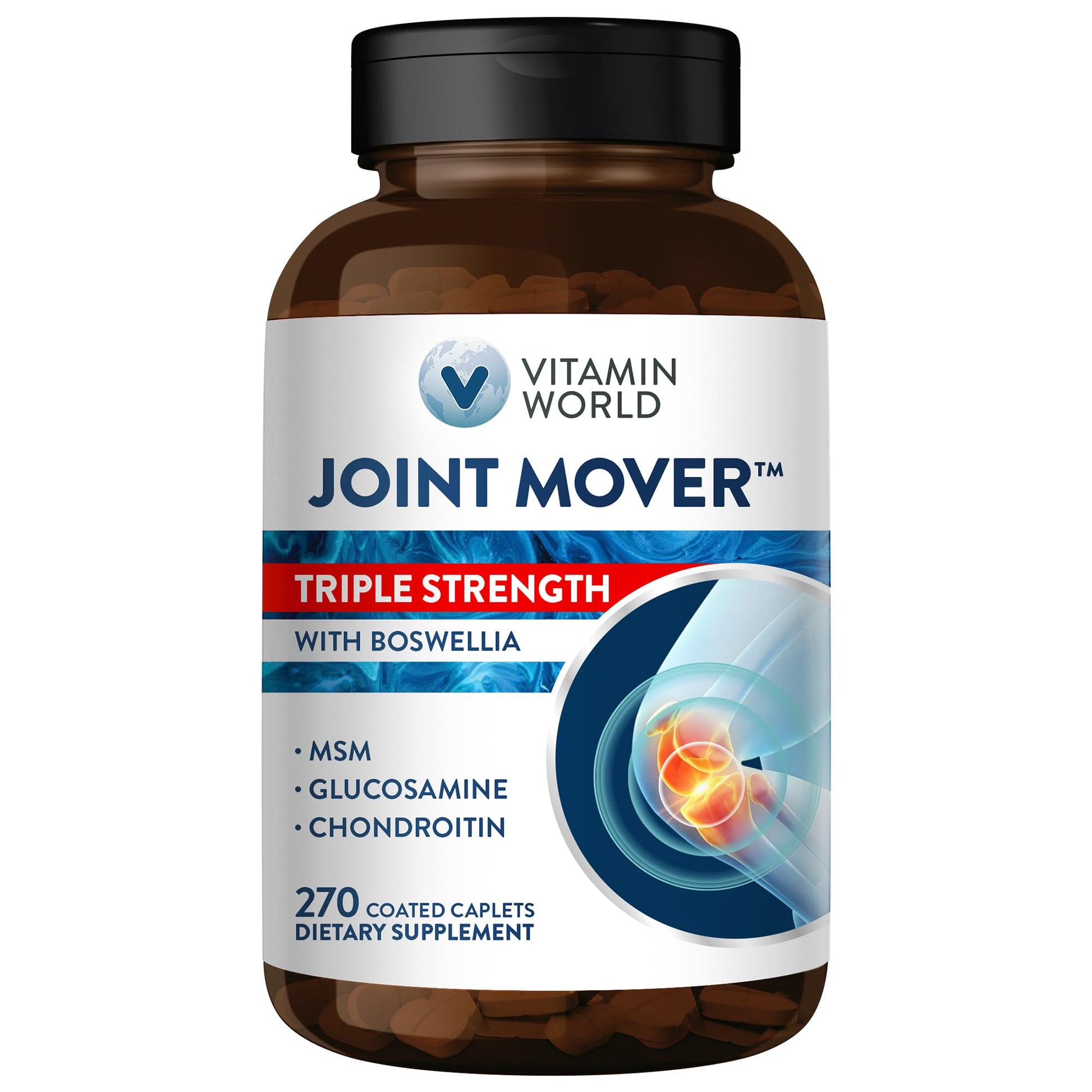 Vitamin World Triple Strength Joint Mover Glucosamine Chondroitin with MSM Joint Support Supplement Collagen & Boswellia Serrata Extract Caplets 270 Count