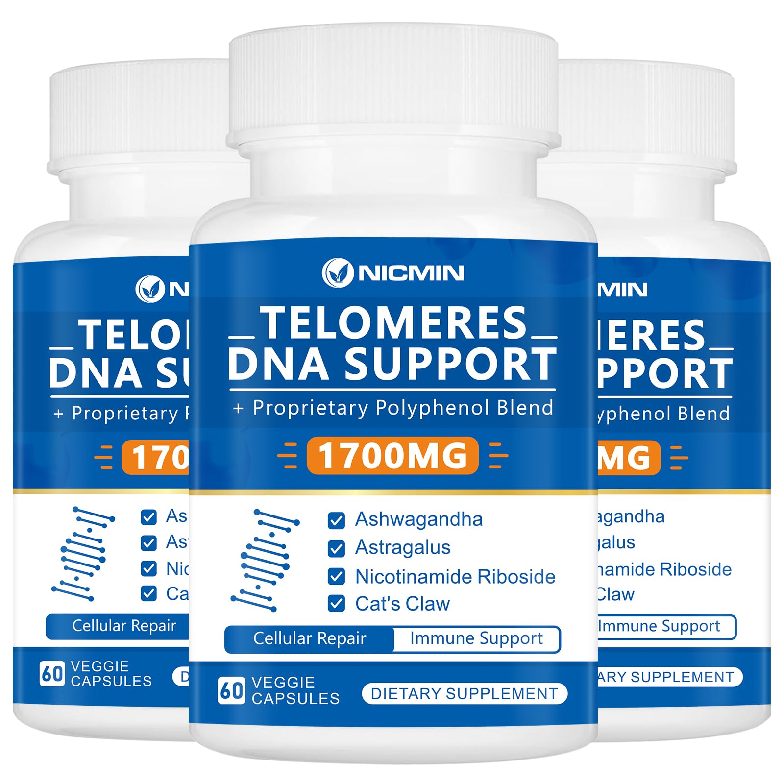 NICMIN Telomeres DNA Support - Anti Aging Supplement for DNA Repair, Cell Health & Stem Cell Support Max Absorption, 180 Capsules