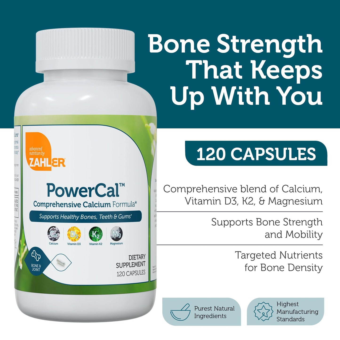 Zahler PowerCal Calcium with Vitamin D3, K2 & Magnesium Capsules 120 Count