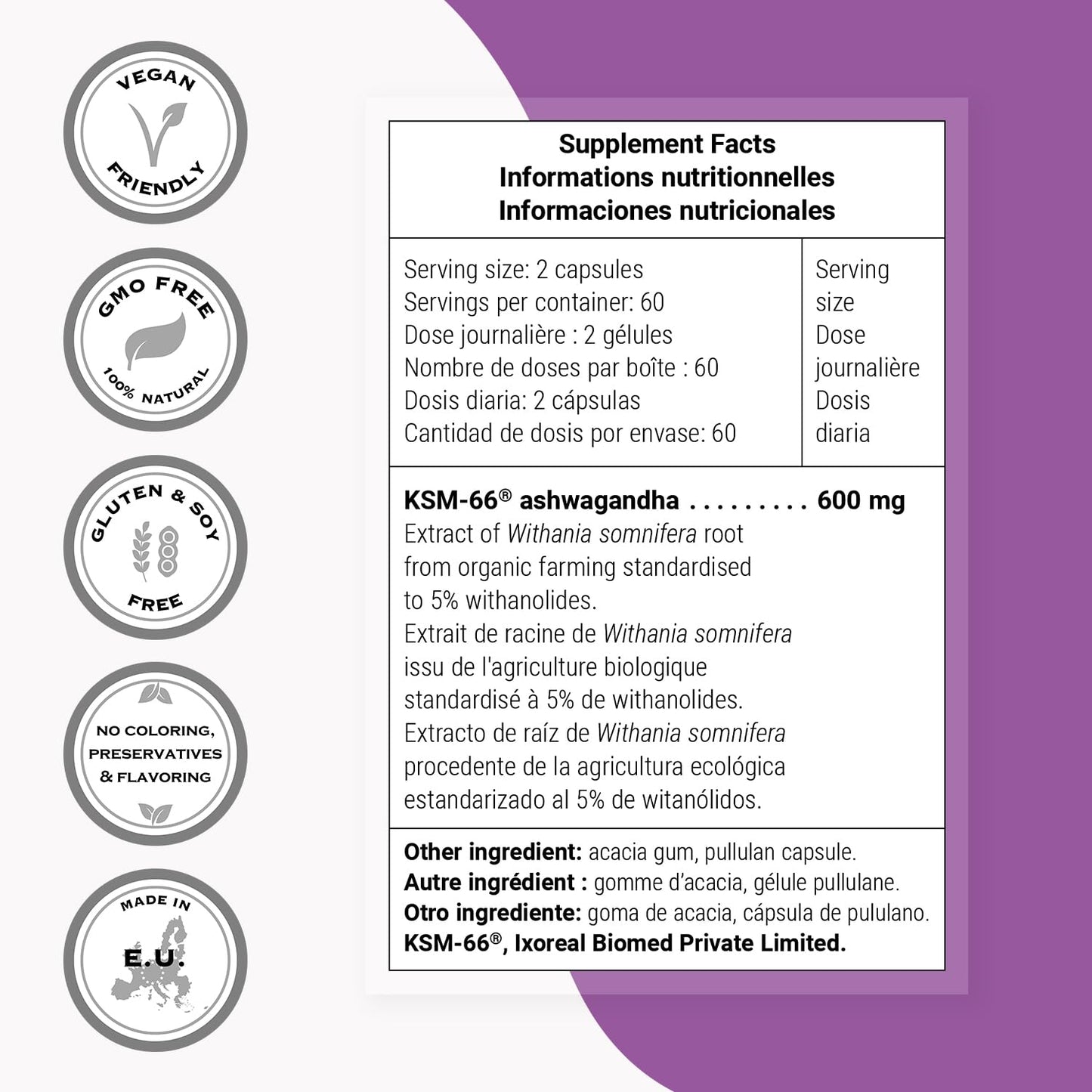 Supersmart Super Ashwagandha 600mg KSM-66 High Potency 5% Withanolides Capsules, 120 Count