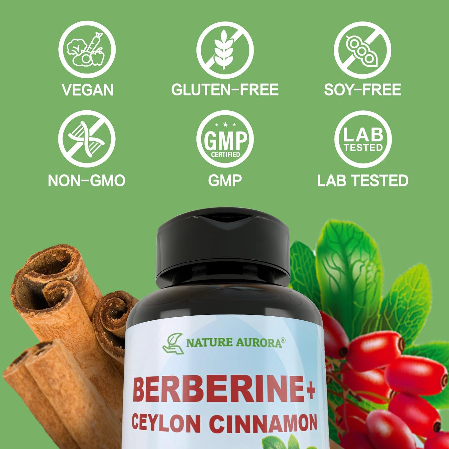 Nature Aurora Berberine Supplement with Cinnamon & Chromium Picolinate Capsules, 90 Count