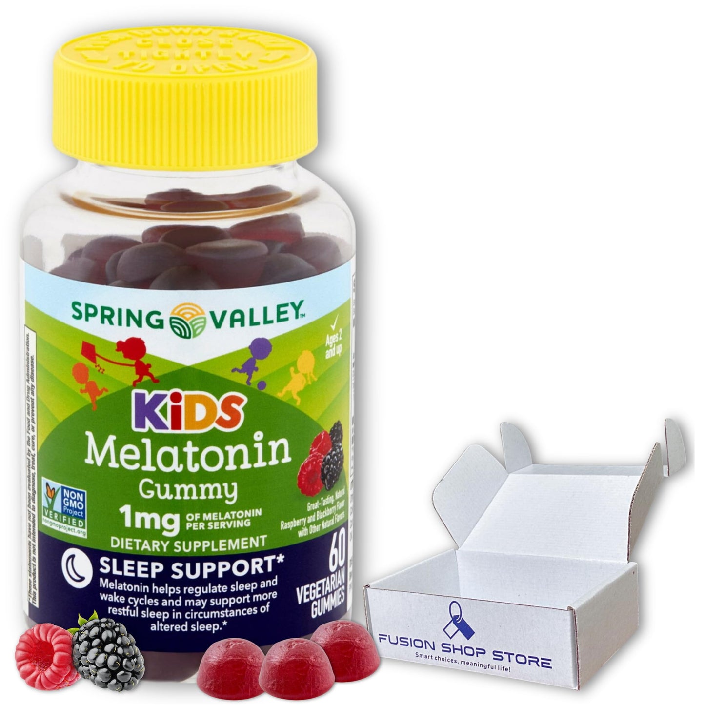 Fusion Shop Store Kids Melatonin Gummies 1mg Raspberry Flavor Gummy, 60 Count