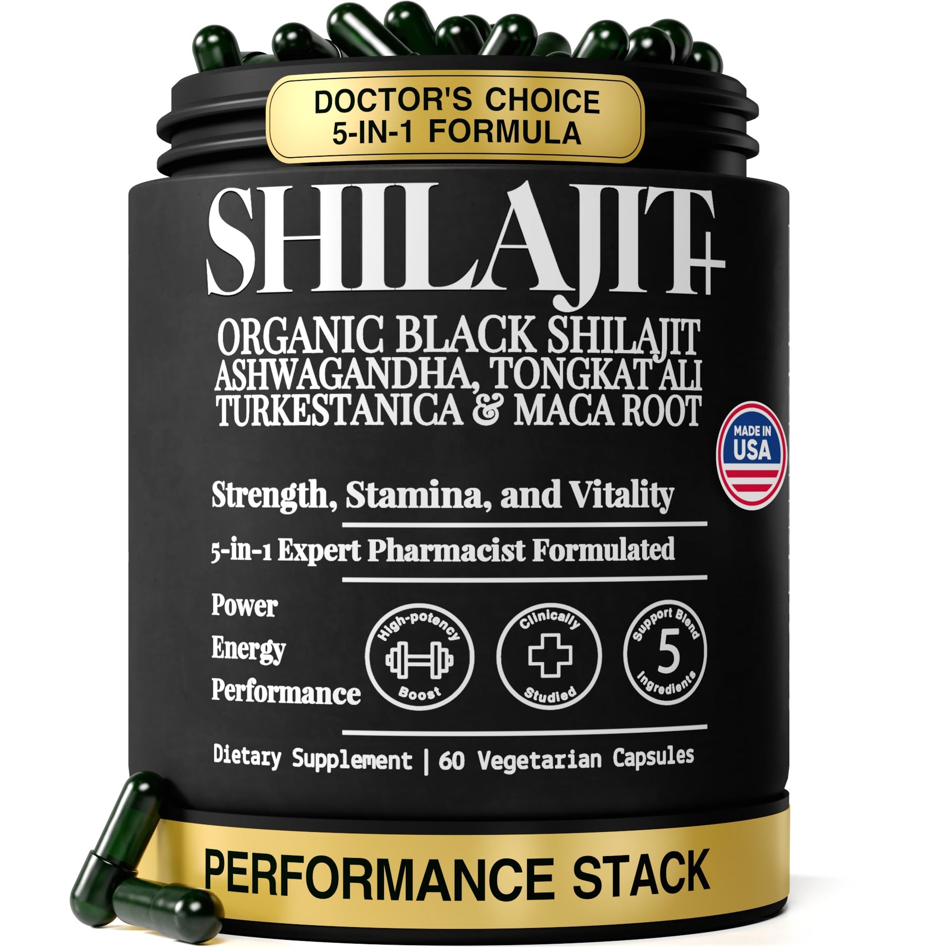 Plus+Ultra Highest Potency Black Shilajit 80% Fulvic Acid with Tongkat Ali, Ashwagandha & Turkesterone Capsules, 60 Count