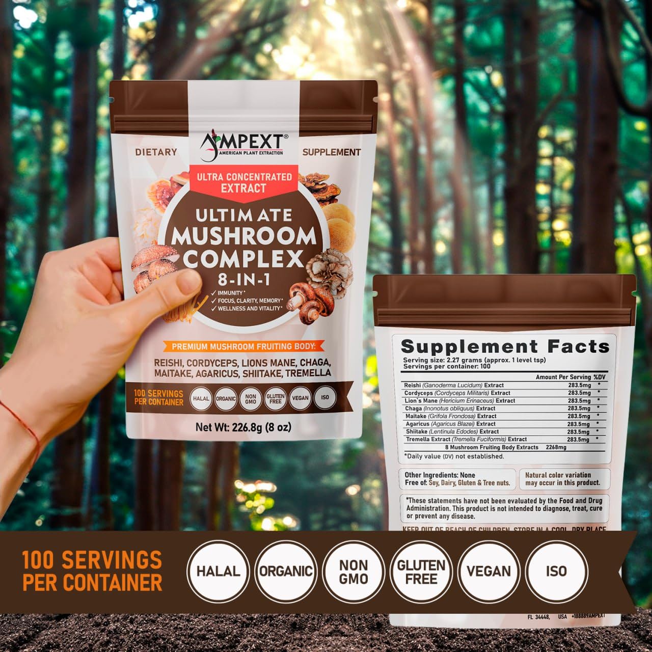 AMPEXT 8-in-1 Ultimate Mushroom Complex Powder, 8 Ounce