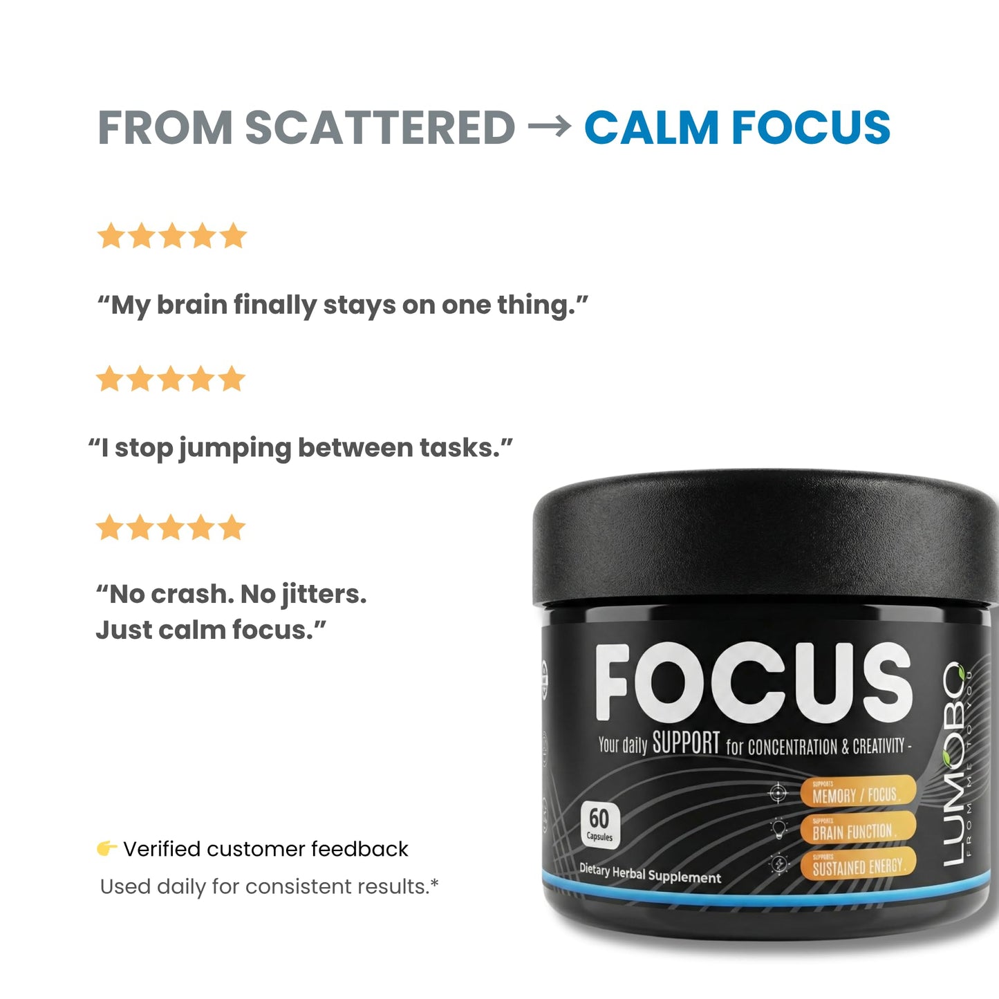 Lumobo Focus Capsules – Caffeine-Free Nootropic Brain Support with Lion's Mane, Bacopa, Rhodiola, L-Theanine & Alpha GPC – No Stimulants – 60 Vegan Capsules