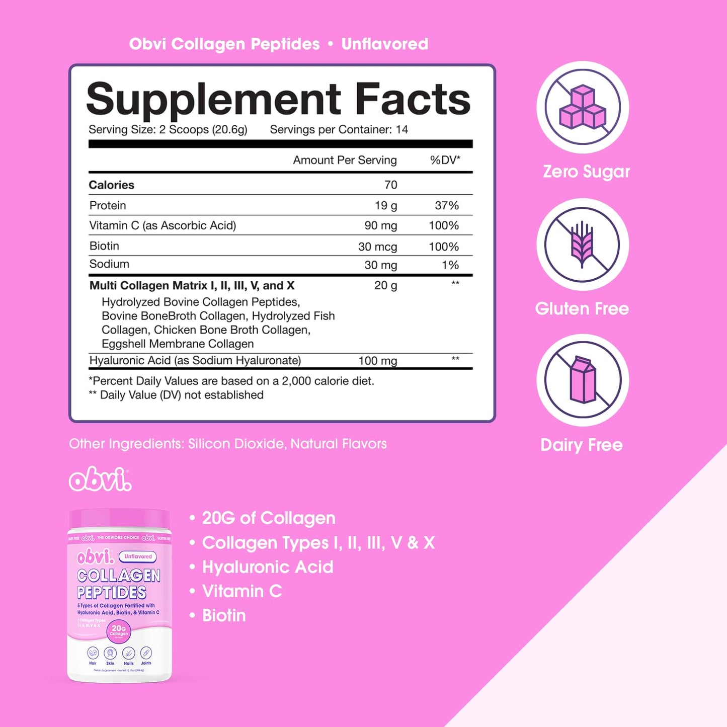 Obvi Multi Collagen Peptides & Hyaluronic Acid & Vitamin C Powder, Hydrolyzed Bovine Collagen, 10.17 oz