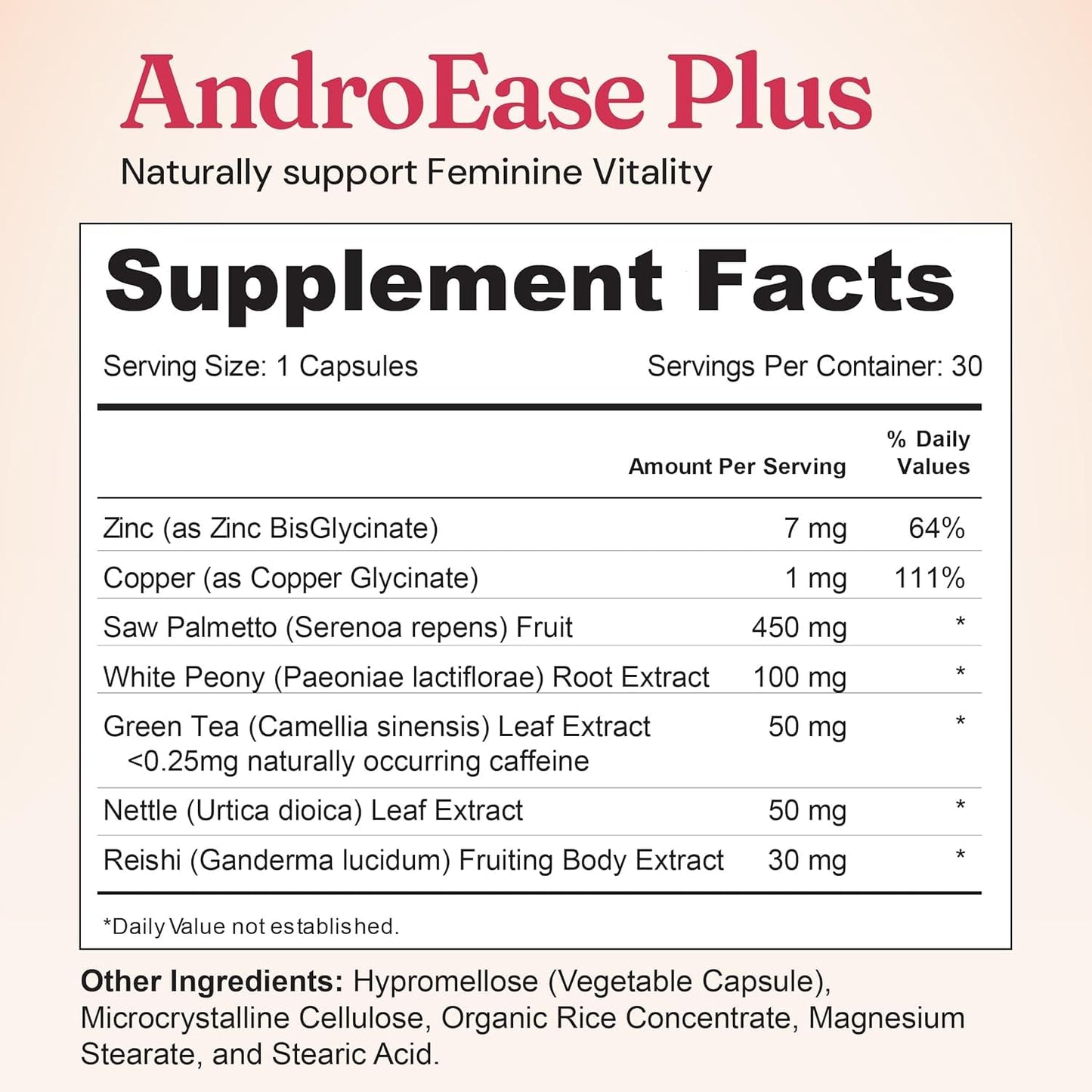 Nourished Natural Health AndroEase Plus Natural Balance Supplement for Women - Vegan Formula with Zinc & Saw Palmetto, 180 Capsules