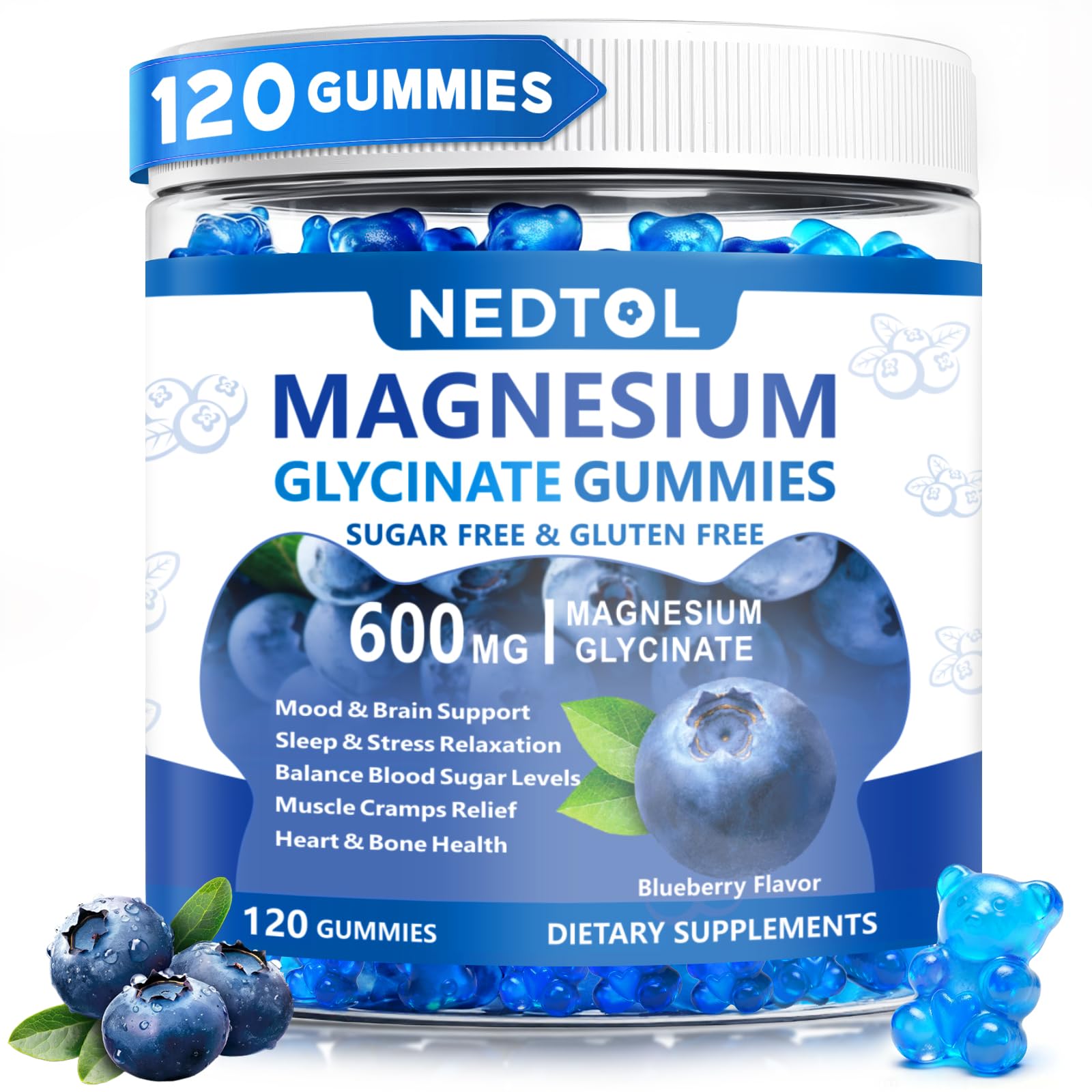 Nedtol Magnesium Glycinate Gummies 600mg, Sugar Free, with Vitamin D, B6, and CoQ10, for Sleep and Relaxation, 120 Gummies