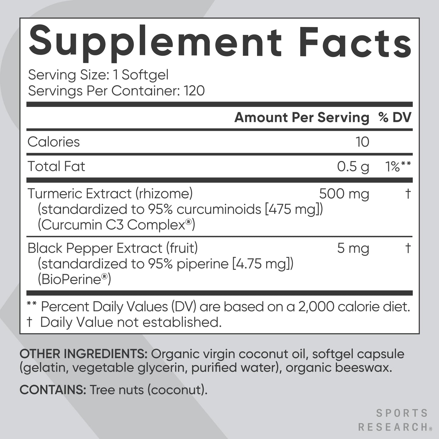 Sports Research Turmeric Curcumin C3 Complex w/BioPerine Black Pepper Extract & Organic Coconut Oil - Standardized 95% Curcuminoids Softgels, 120 Count