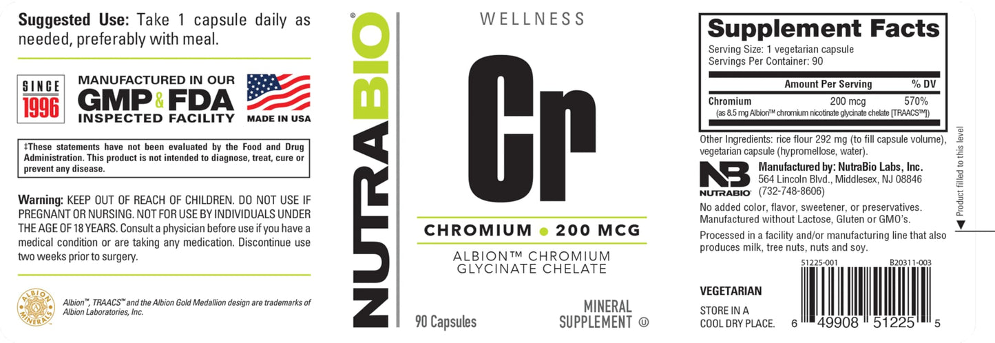 NutraBio Chelated Chromium GTF Supplements 200 mcg Capsules 90 Count