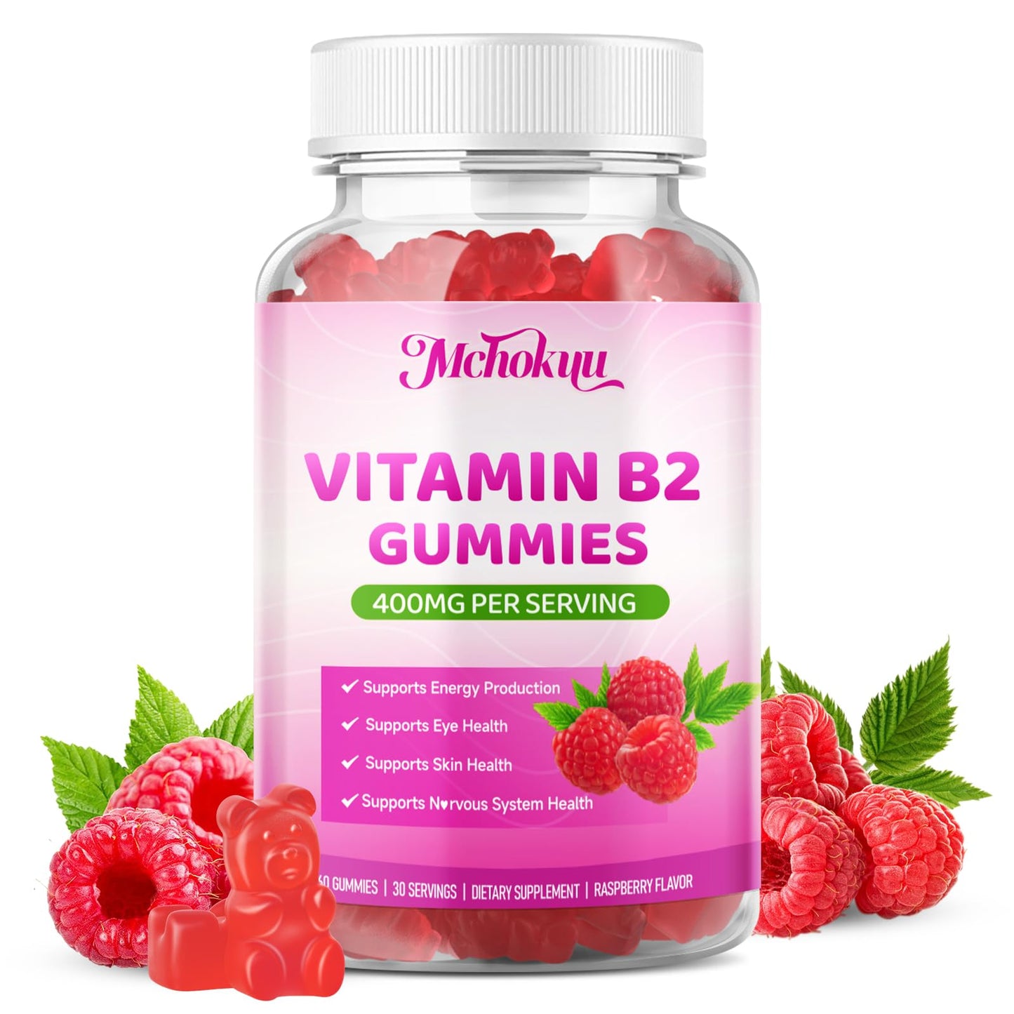 Mchokuu Vitamin B2 400mg – Riboflavin Supplement with Magnesium for Kids & Adults | Supports Nervous System & Energy Production | Sugar Free, Vegan, Non-GMO, Raspberry Flavor, 60 Gummies