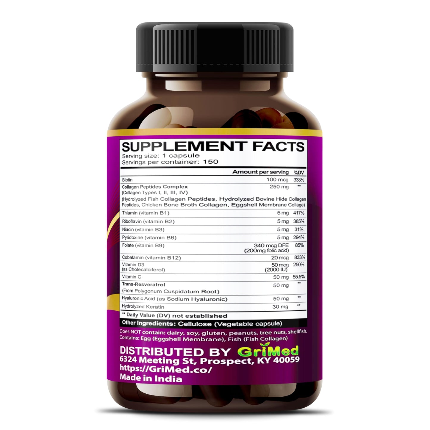 GriMed Biotin Capsules with Collagen, Keratin, Hyaluronic Acid & Resveratrol, Hair Skin and Nails Support, 150 Capsules
