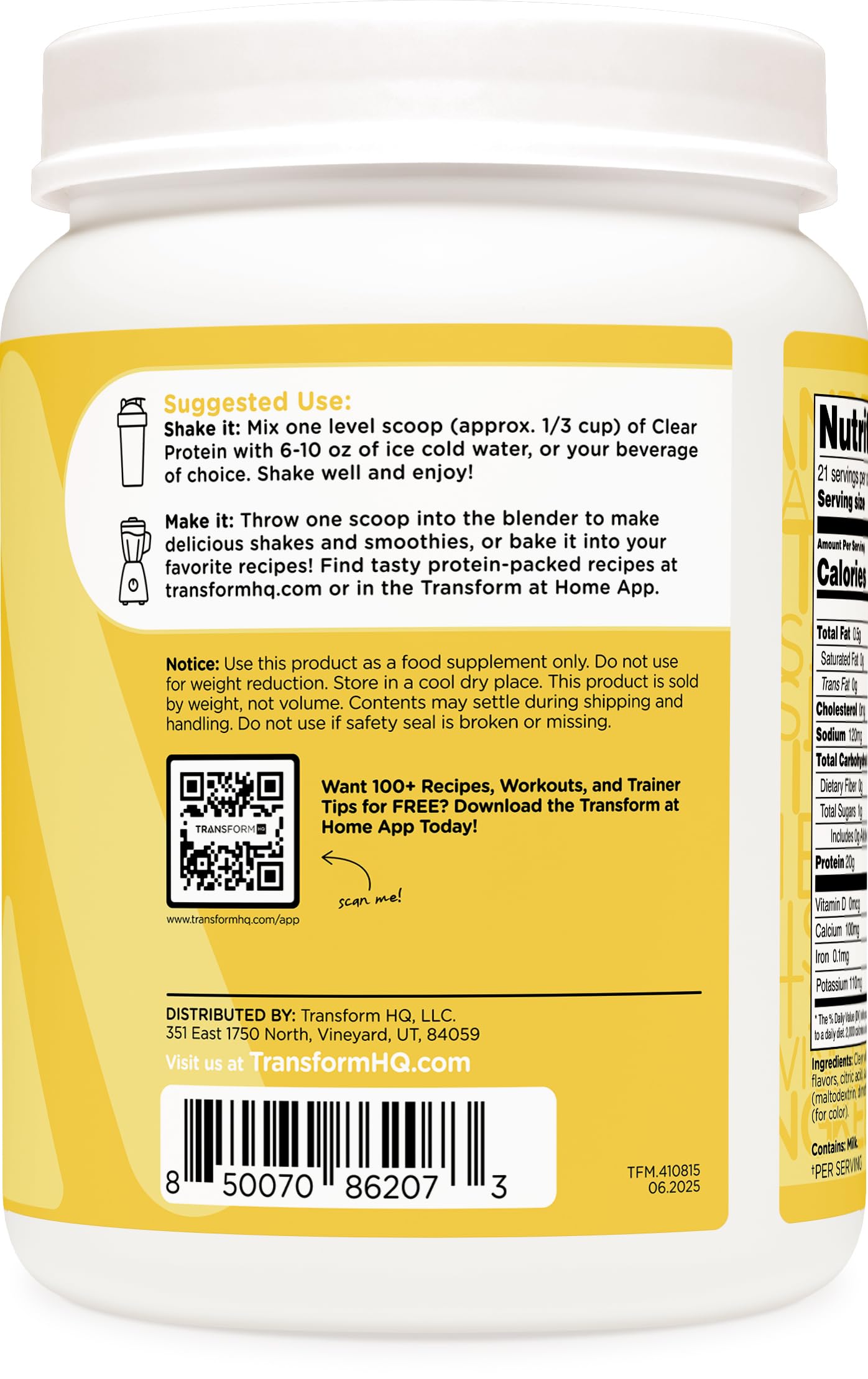 TransformHQ Clear Whey Protein Isolate (WPI) Lemonade Powder 20.4 oz