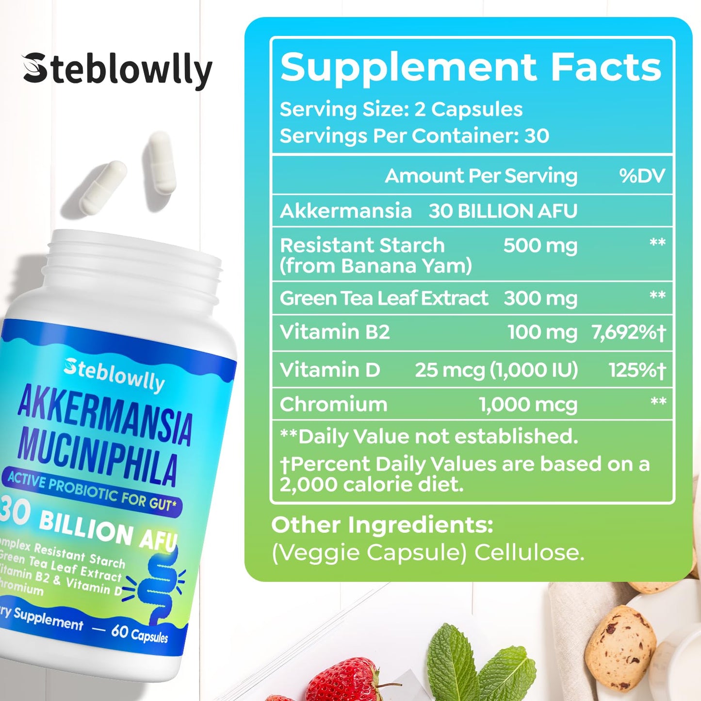 Steblowlly Akkermansia Muciniphila for Gut Health, Metabolic*, 60 Capsules