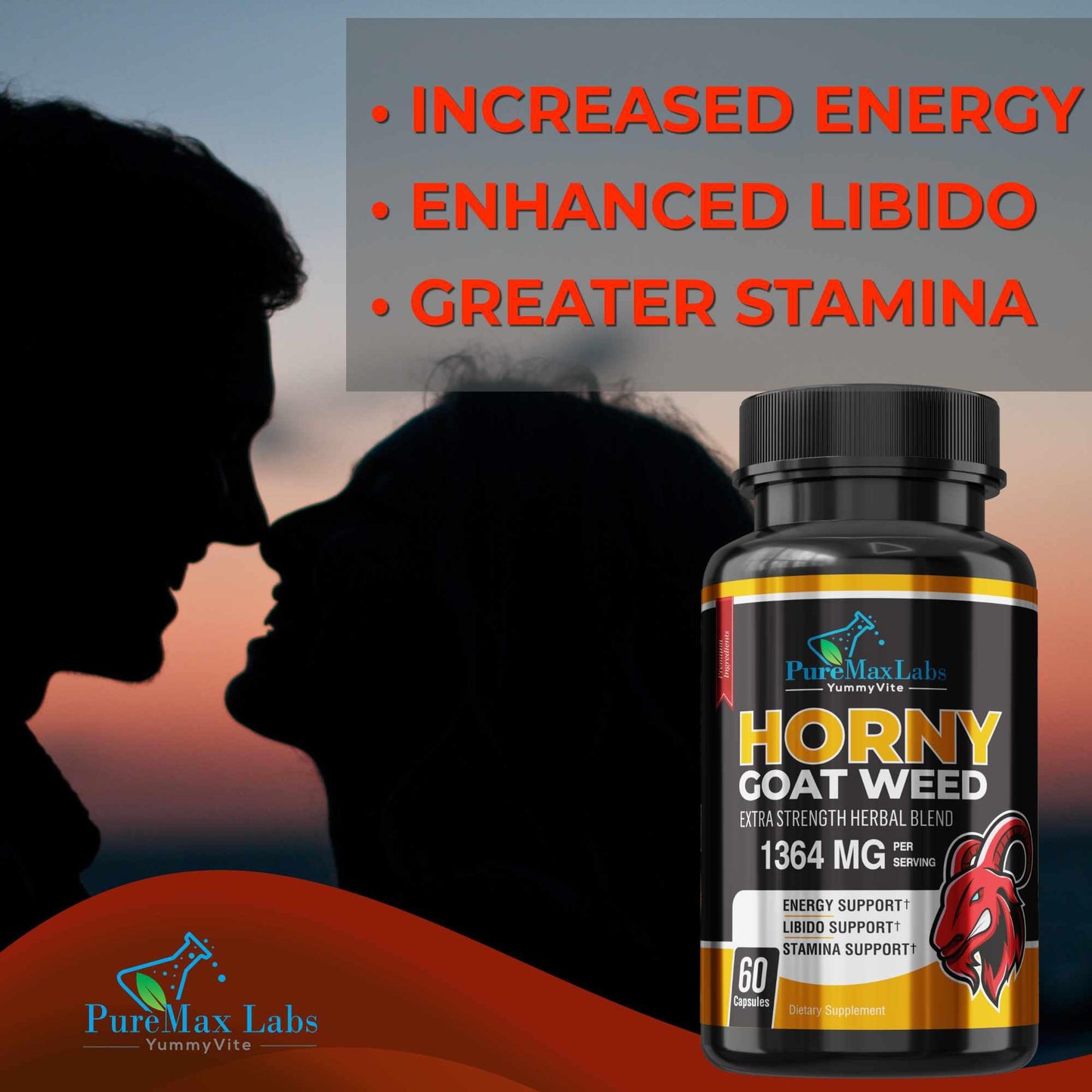 YUMMYVITE Horny Goat Weed Extra Strength w. Maca, L-Arginine, Ginseng, Boost Performance, Stamina, Energy, Non-GMO, 60 Capsules