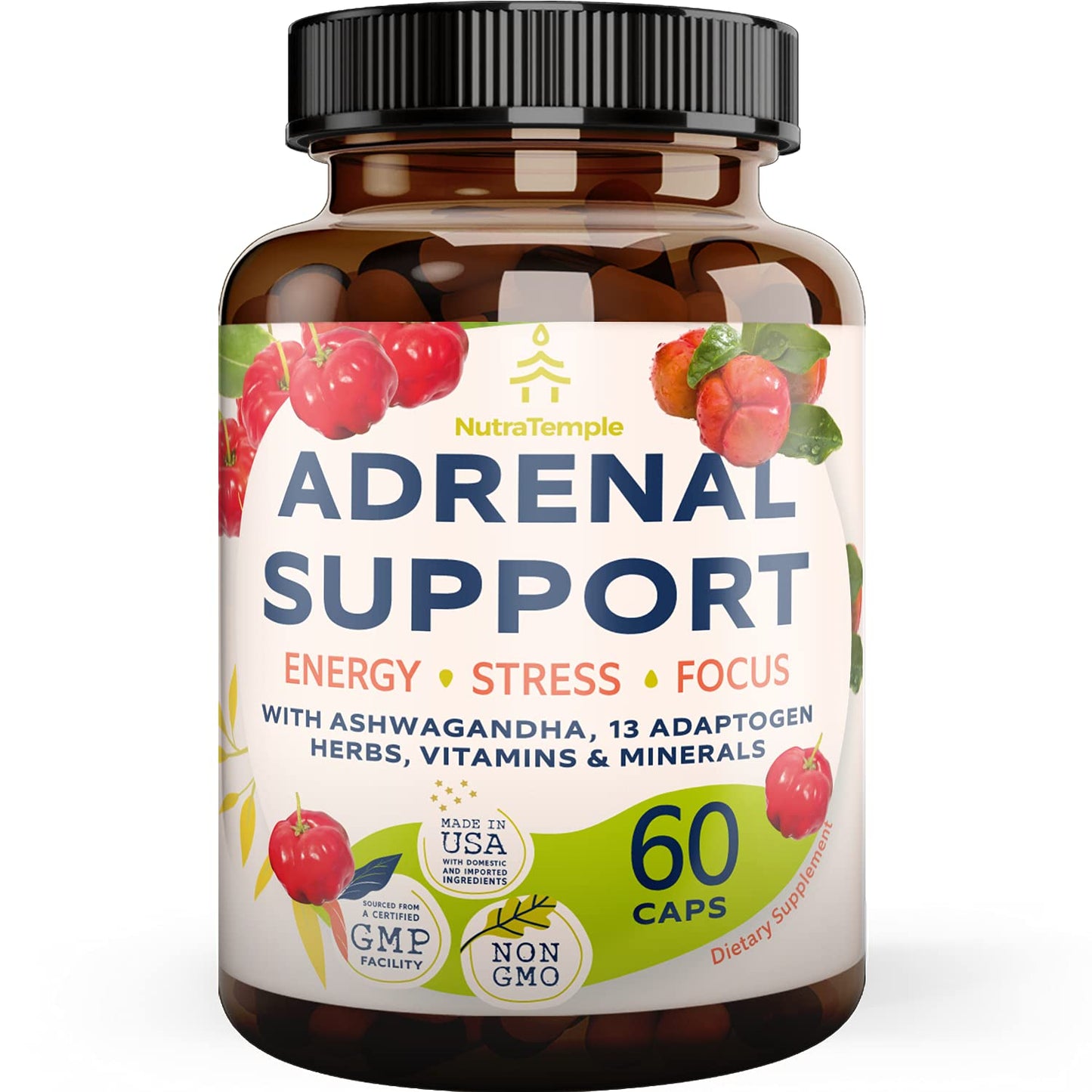 NUTRATEMPLE Adrenal Support & Cortisol Manager Extra Strength Adrenal Fatigue Supplements for Energy, Brain Fog with Ashwagandha, Rhodiola Rosea, L-Tyrosine, Holy Basil Capsule 60 Count