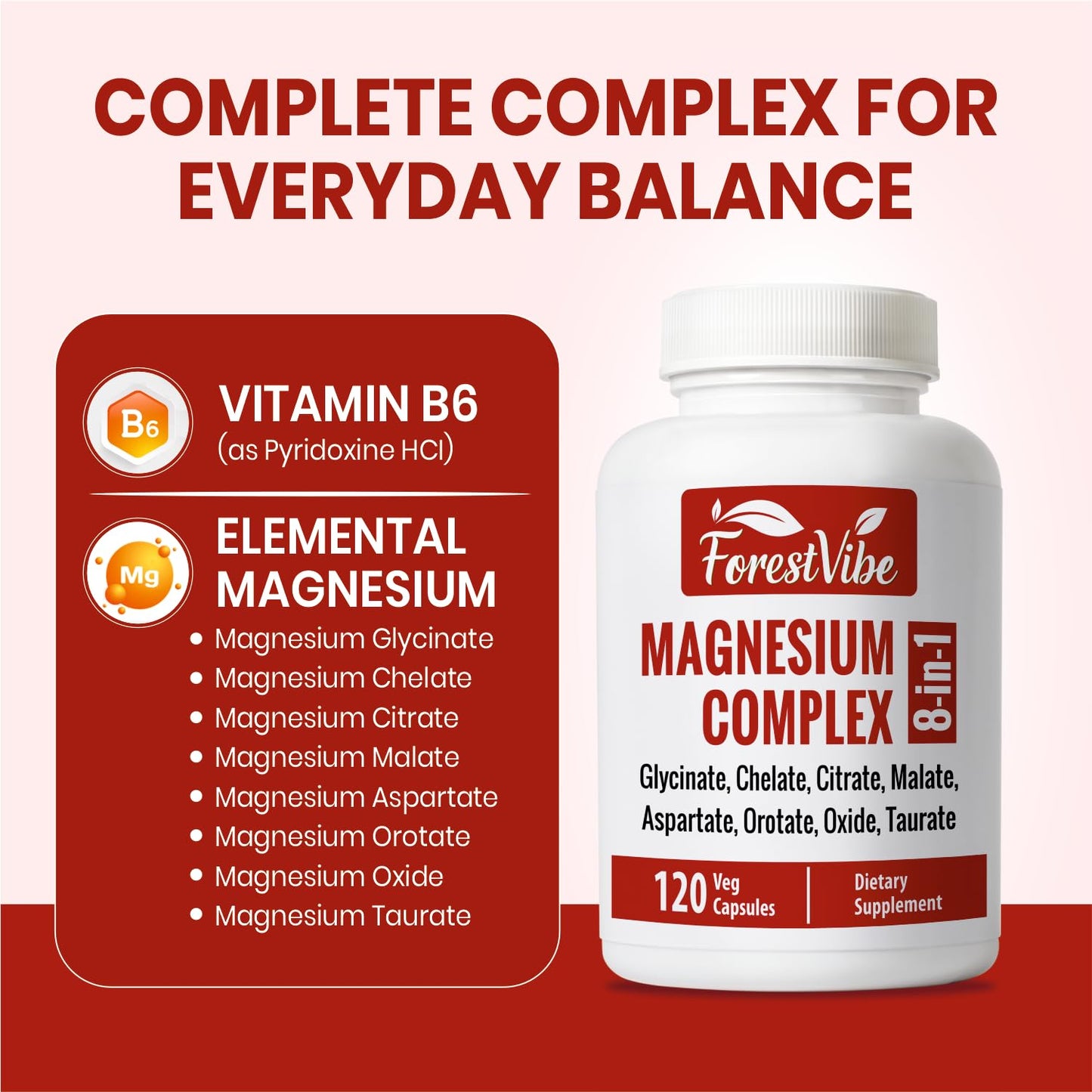 ForestVibe Magnesium Complex 420mg, 8-in-1 Blend with Glycinate, Chelate, Citrate & Malate, 120 Capsules