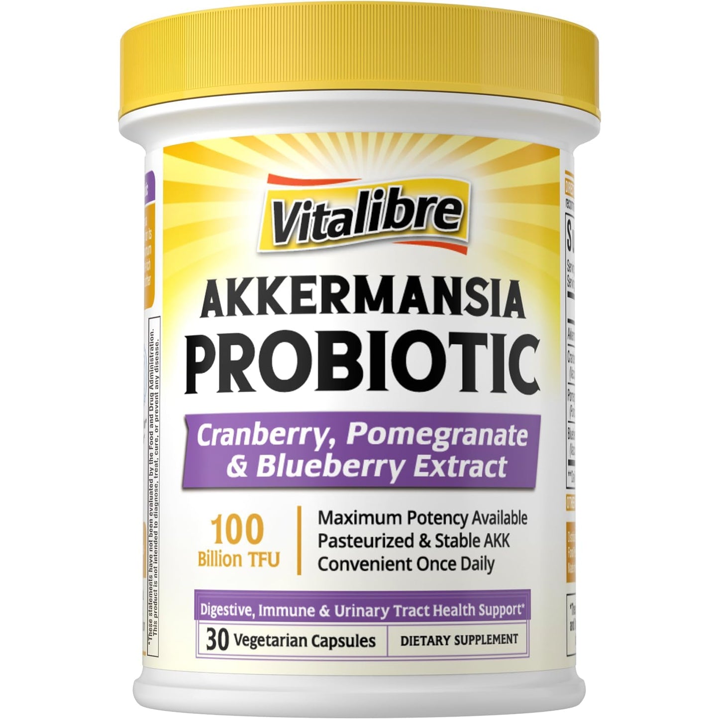 Vitalibre Akkermansia Probiotics 100 Billion TFU, Pasteurized Akkermansia Muciniphila, w/Cranberry, Blueberry & Pomegranate, Digestive & Immune Health, Leaky Gut, GLP-1 Supplement, 30 Capsules