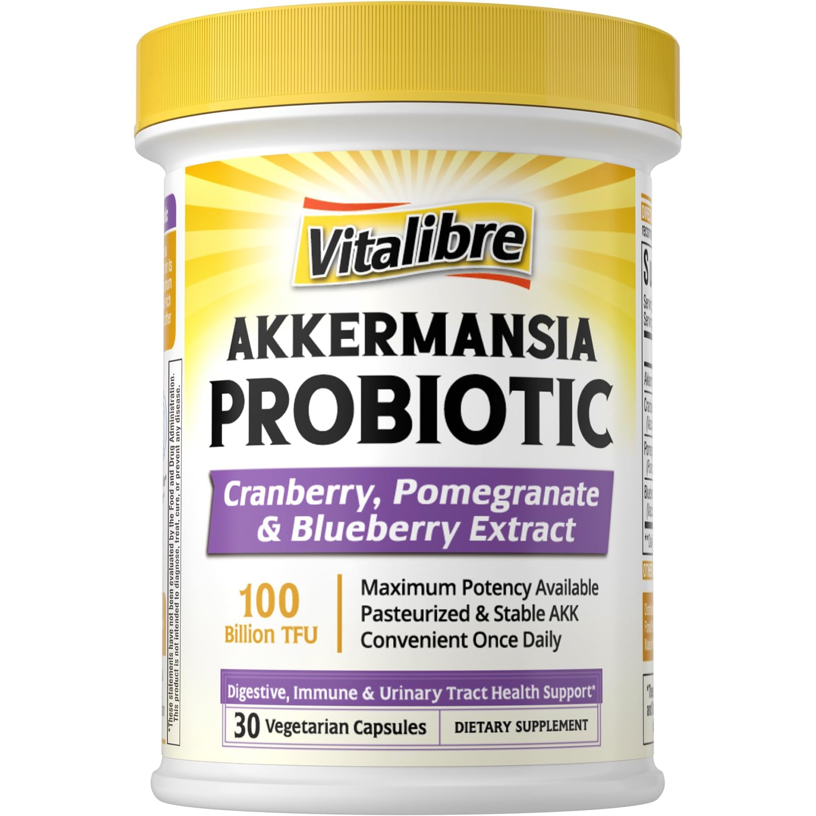 Vitalibre Akkermansia Probiotics 100 Billion TFU, Pasteurized Akkermansia Muciniphila, w/Cranberry, Blueberry & Pomegranate, Digestive & Immune Health, Leaky Gut, GLP-1 Supplement, 30 Capsules