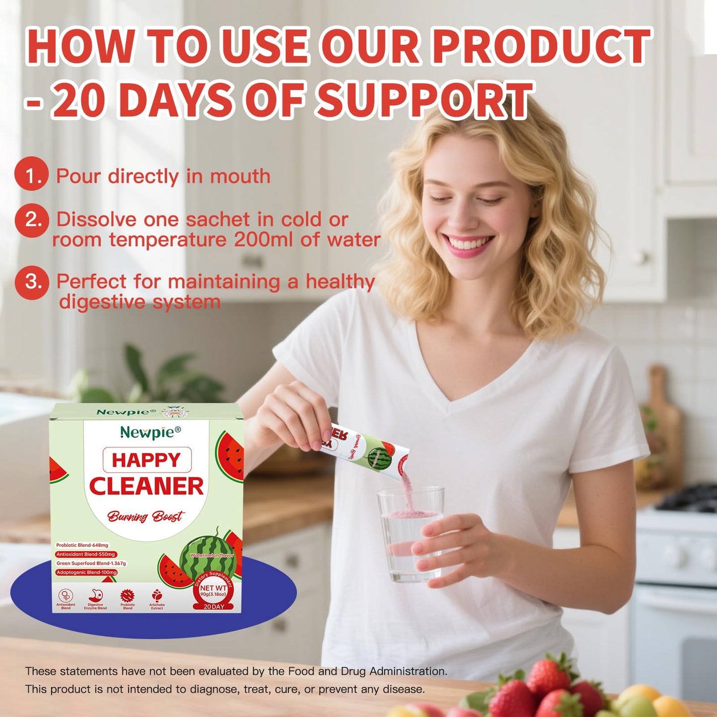 Blltzzz Newpie Superfoods Happy Cleaner Probiotic Powder Watermelon Flavor 3.18 Ounce (Pack of 1)