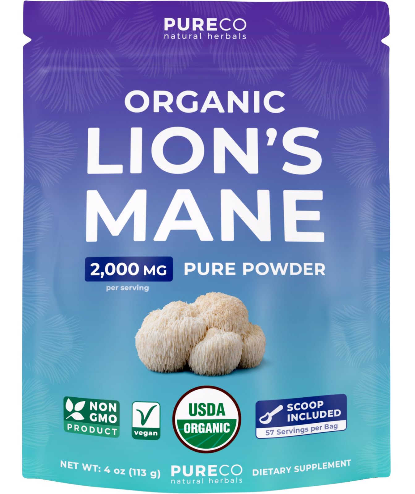 PURE CO USDA Organic Lion's Mane Mushroom Powder 4 Ounce
