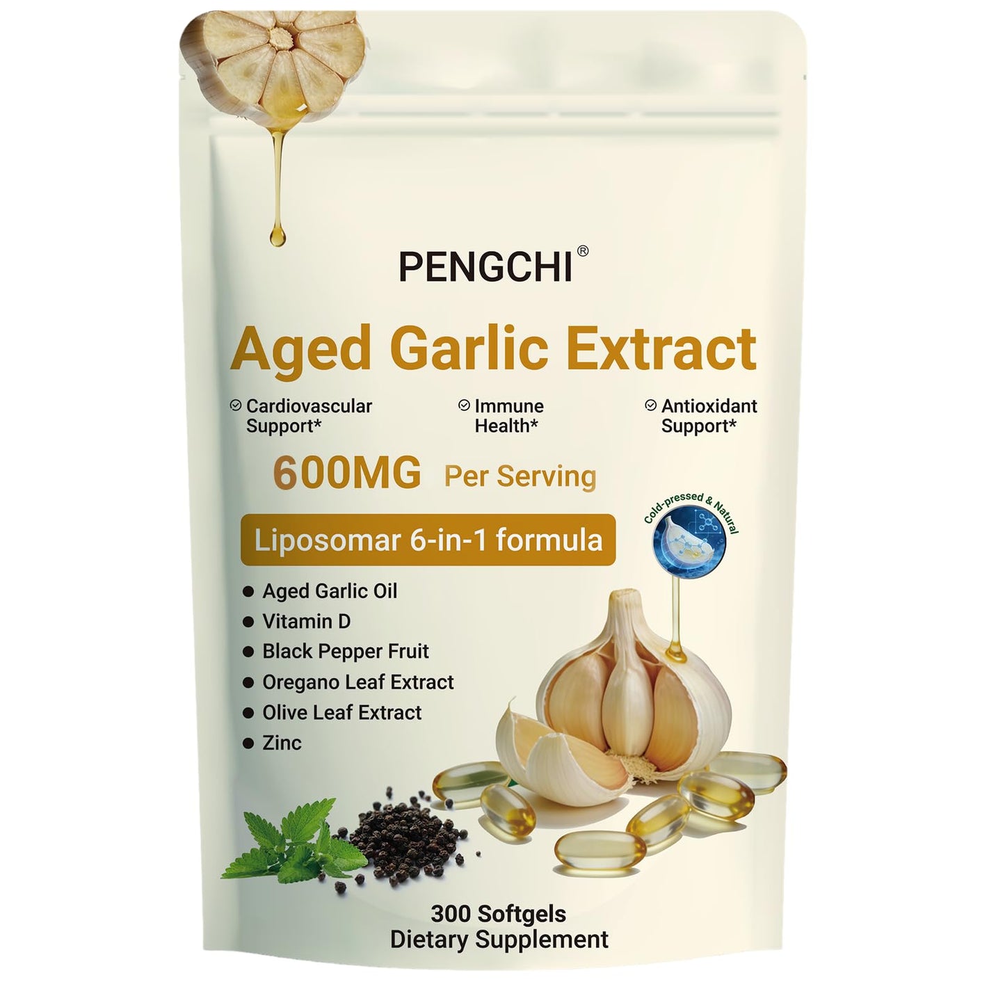 PENGCHI Aged Garlic Extract Odorless Garlic Supplements with Vitamin D, Zinc, Oregano & Olive Leaf & Black Pepper, Softgels 300