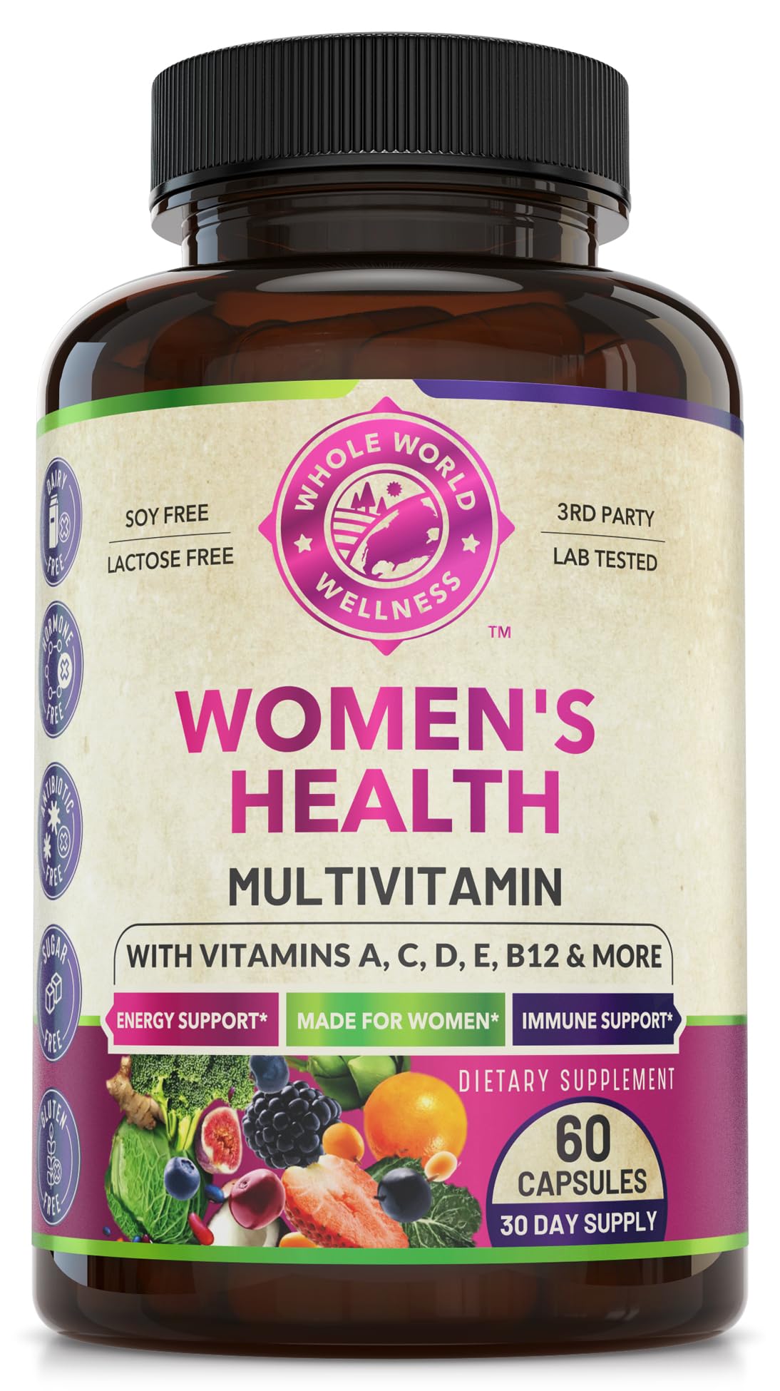 WHOLE WORLD WELLNESS Womens Daily Multivitamin Multimineral Capsule for Energy, Mood, Focus, Hair, Skin & Nails, 60 Count