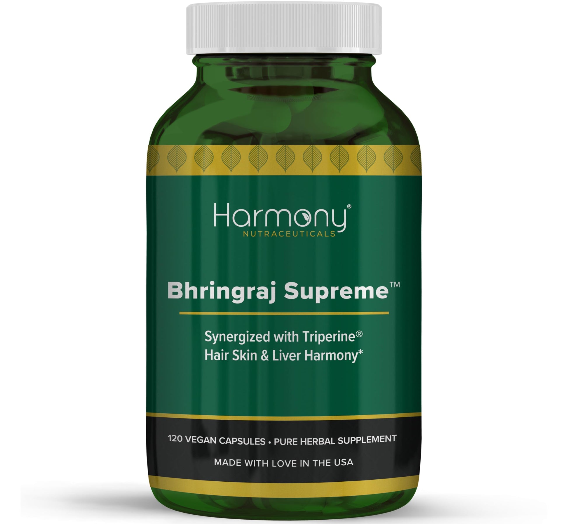 Harmony Nutraceuticals Bhringraj Supreme with Triperine, Ayurvedic Herbal Supplement for Hair, Skin and Liver Support Capsules, 120 Count
