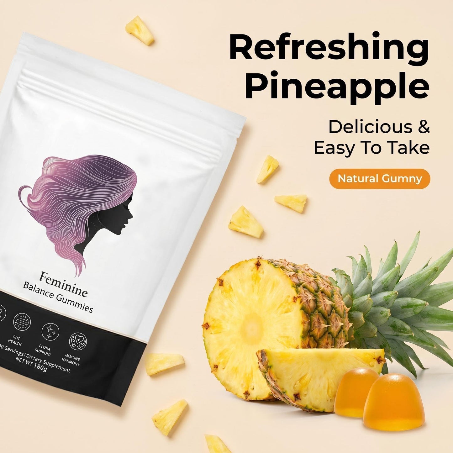 Fibetrue Women’s Probiotic Gummies – Feminine Balance & Gut Health, Pineapple Flavor, pH Support, Clean Vegan Formula, Sugar Free, 60 Gummies
