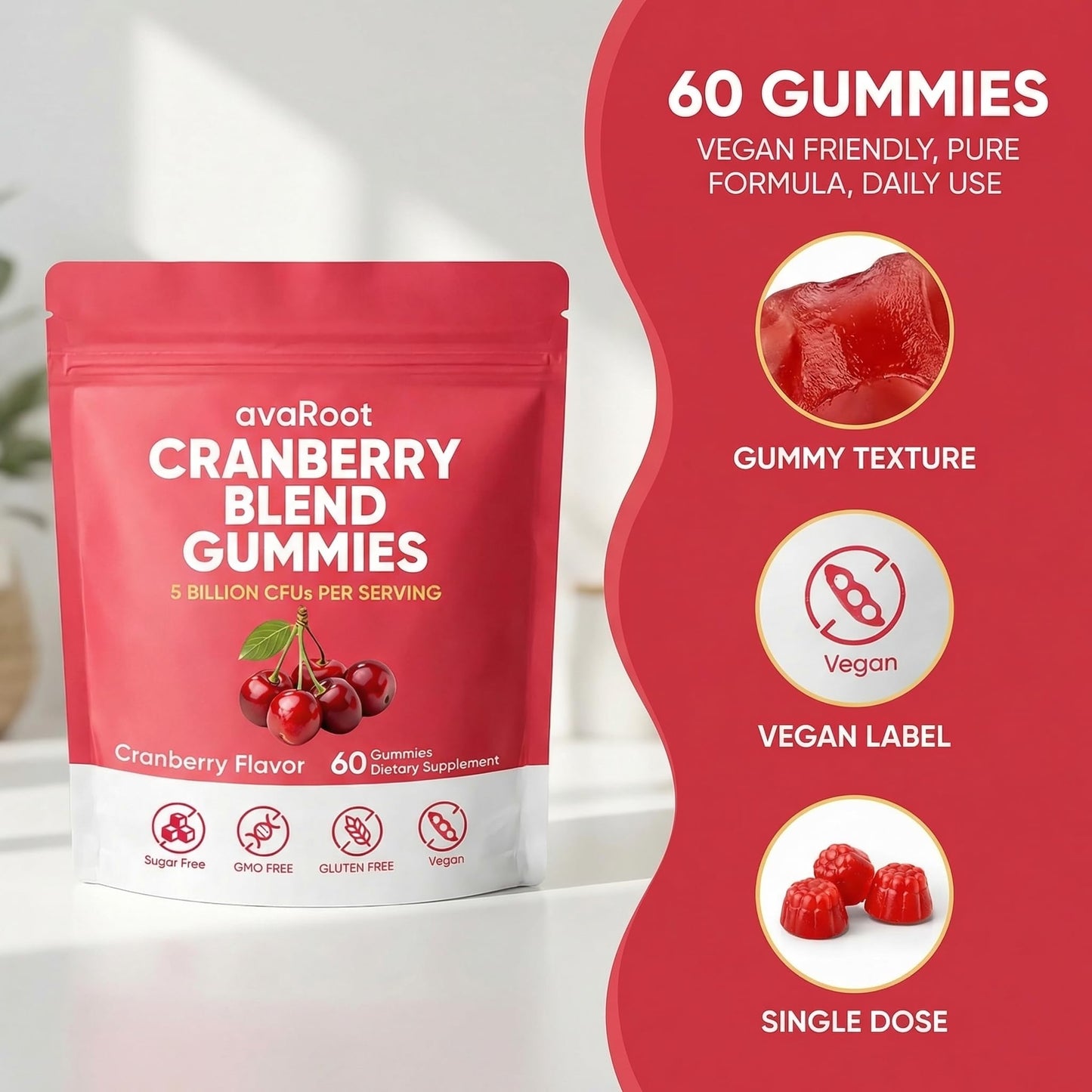 KBKTWOLT avaRoot Cranberry Blend Gummies - Women's Balanced pH, Cranberry & Probiotic Formula with Vitamin C for Women’s Wellness & Urinary Tract Support, 60 Gummies