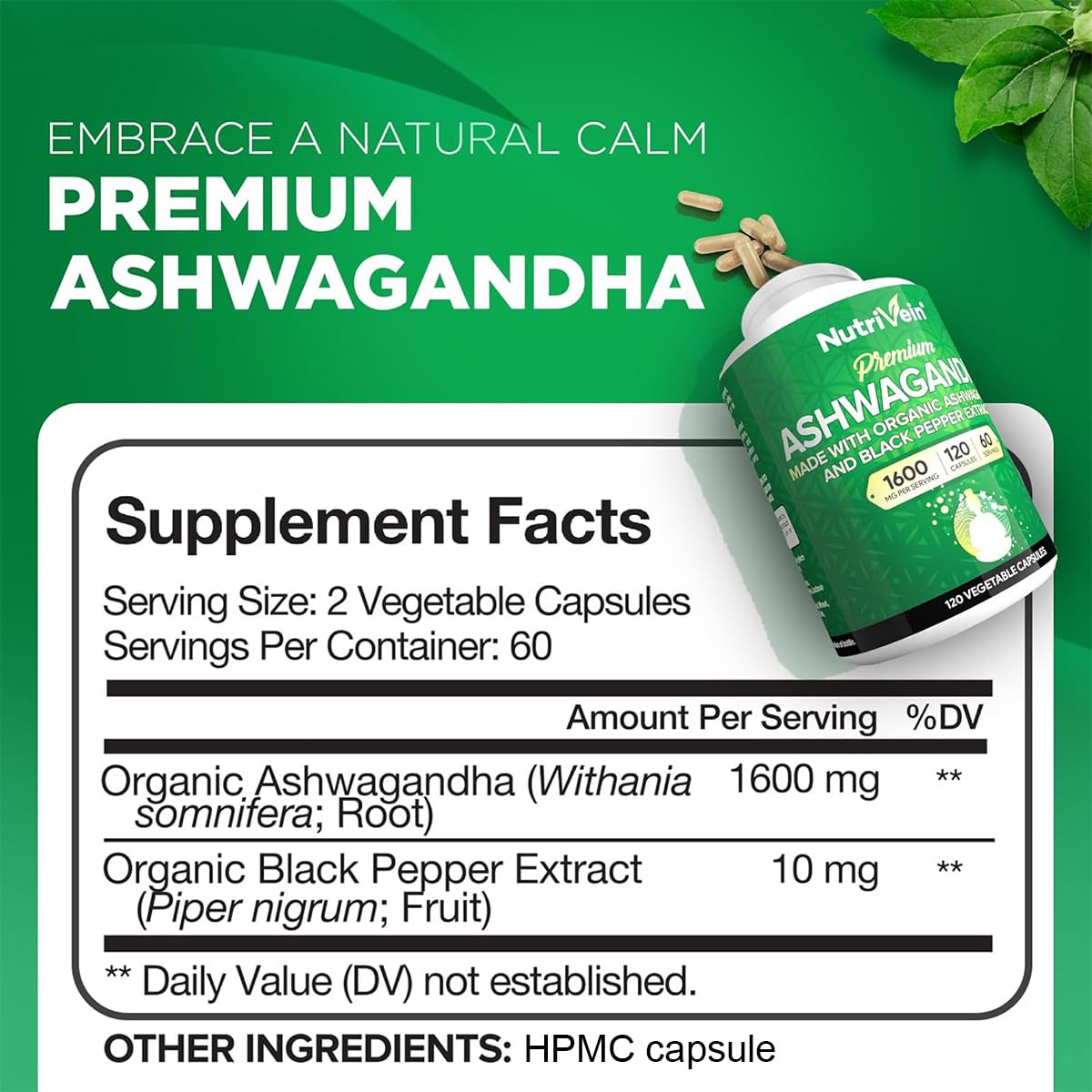 Nutrivein Ashwagandha Root 1600 mg with Black Pepper, 120 Capsules