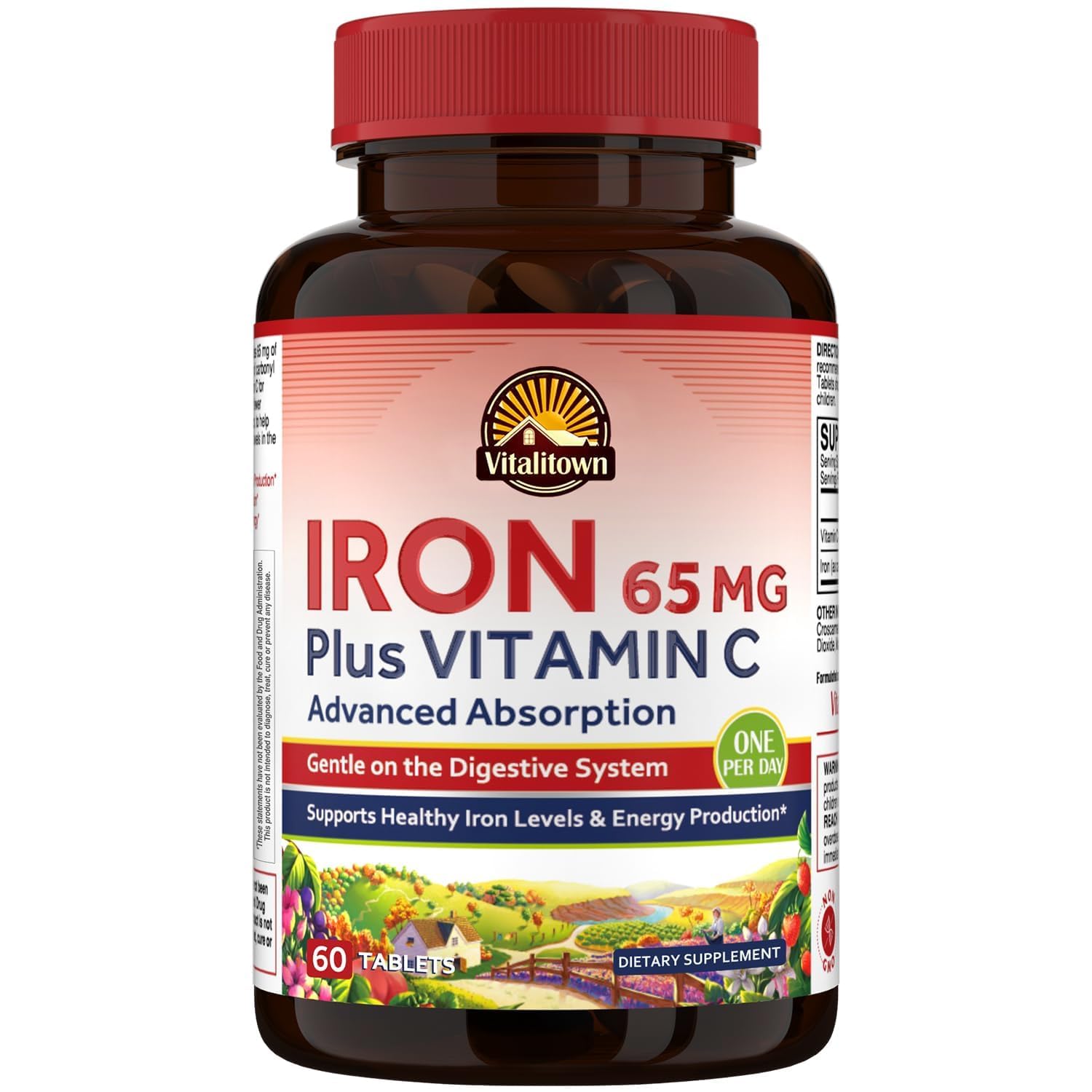 Vitalitown Iron Supplement for Women and Men, High Potency 65mg Iron Tablet, 60 Tabs