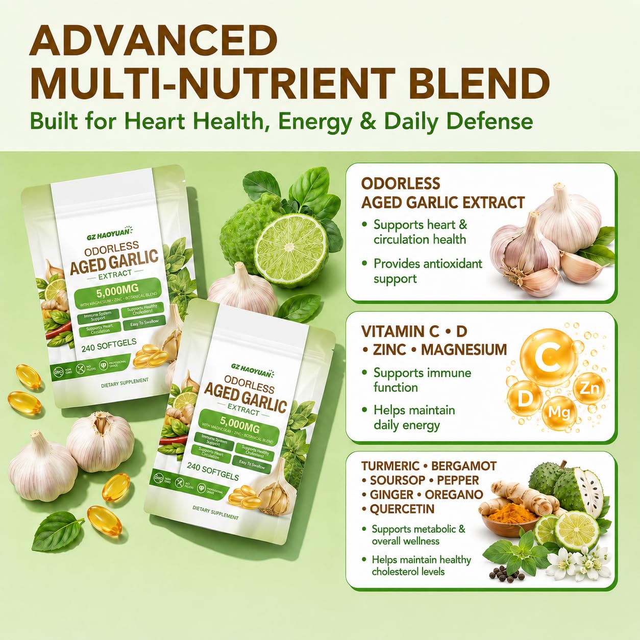 GZ HAOYUAN Odorless Aged Garlic Extract Softgels, 240 Count