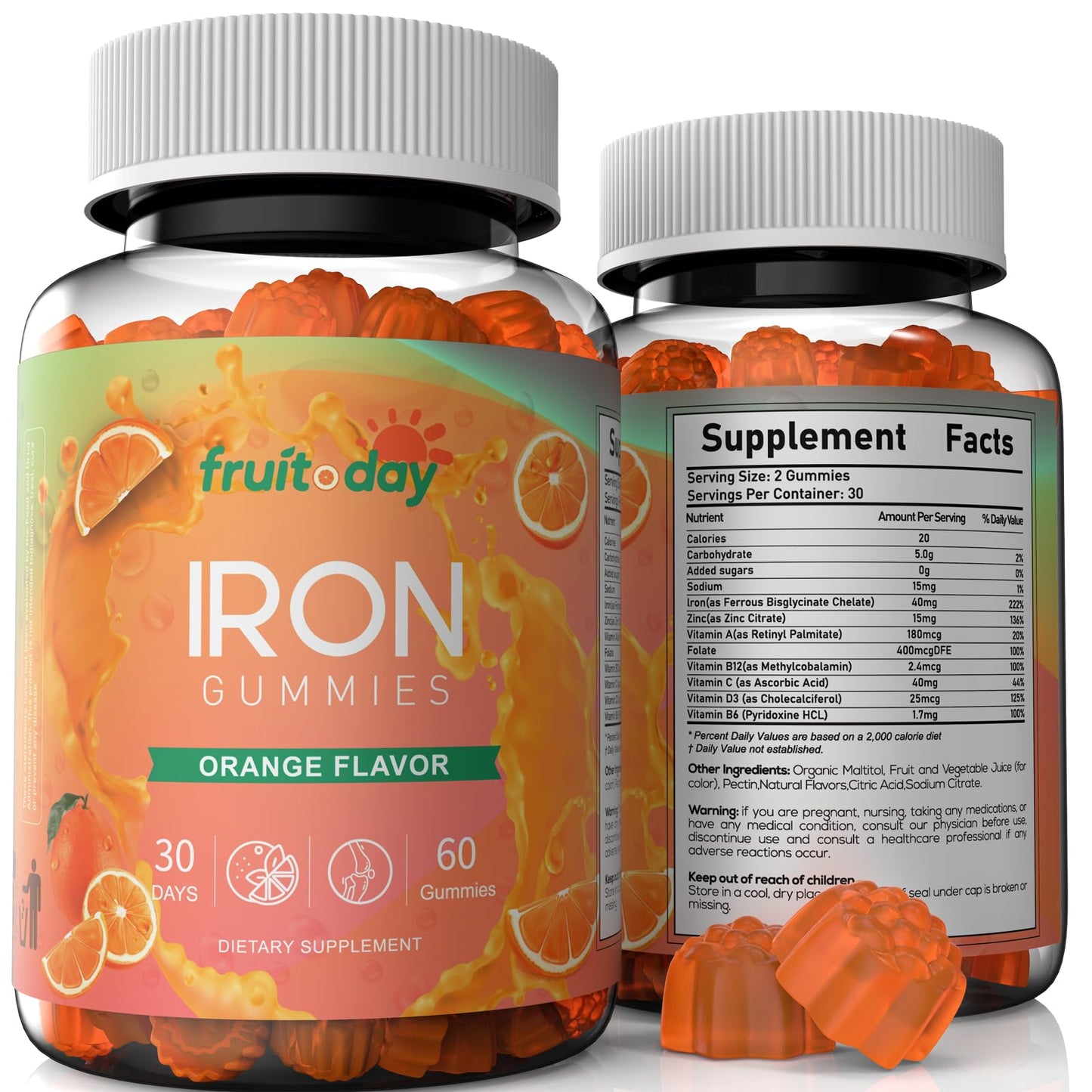 Fruitoday Iron Gummies with Vitamin C, B6, B12 and Folate - Gentle Ferrous Bisglycinate, Orange Flavor, 60 Gummies