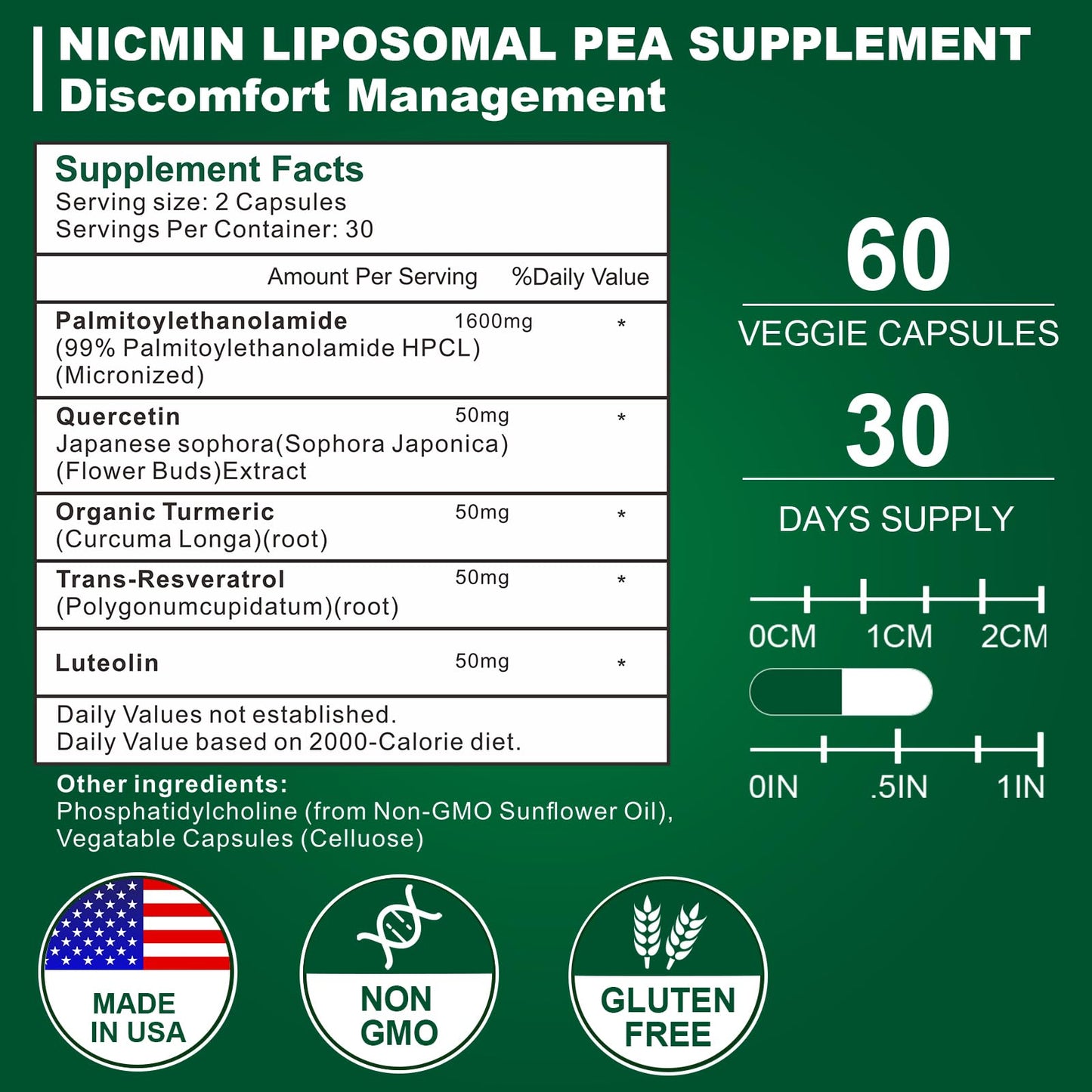 NICMIN Palmitoylethanolamide 1600mg (99%) with Luteolin & Quercetin, High Absorption, Pea Supplement, 60 Capsules