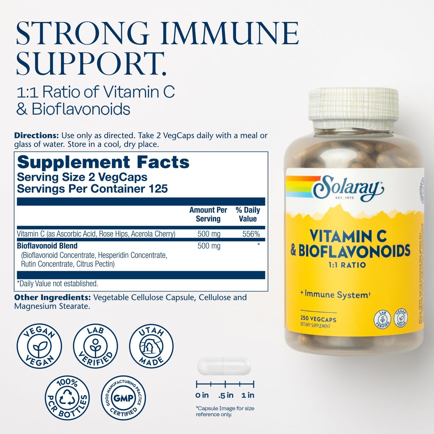 Solaray Vitamin C 500mg with Citrus Bioflavonoids Capsule, 250 VegCaps