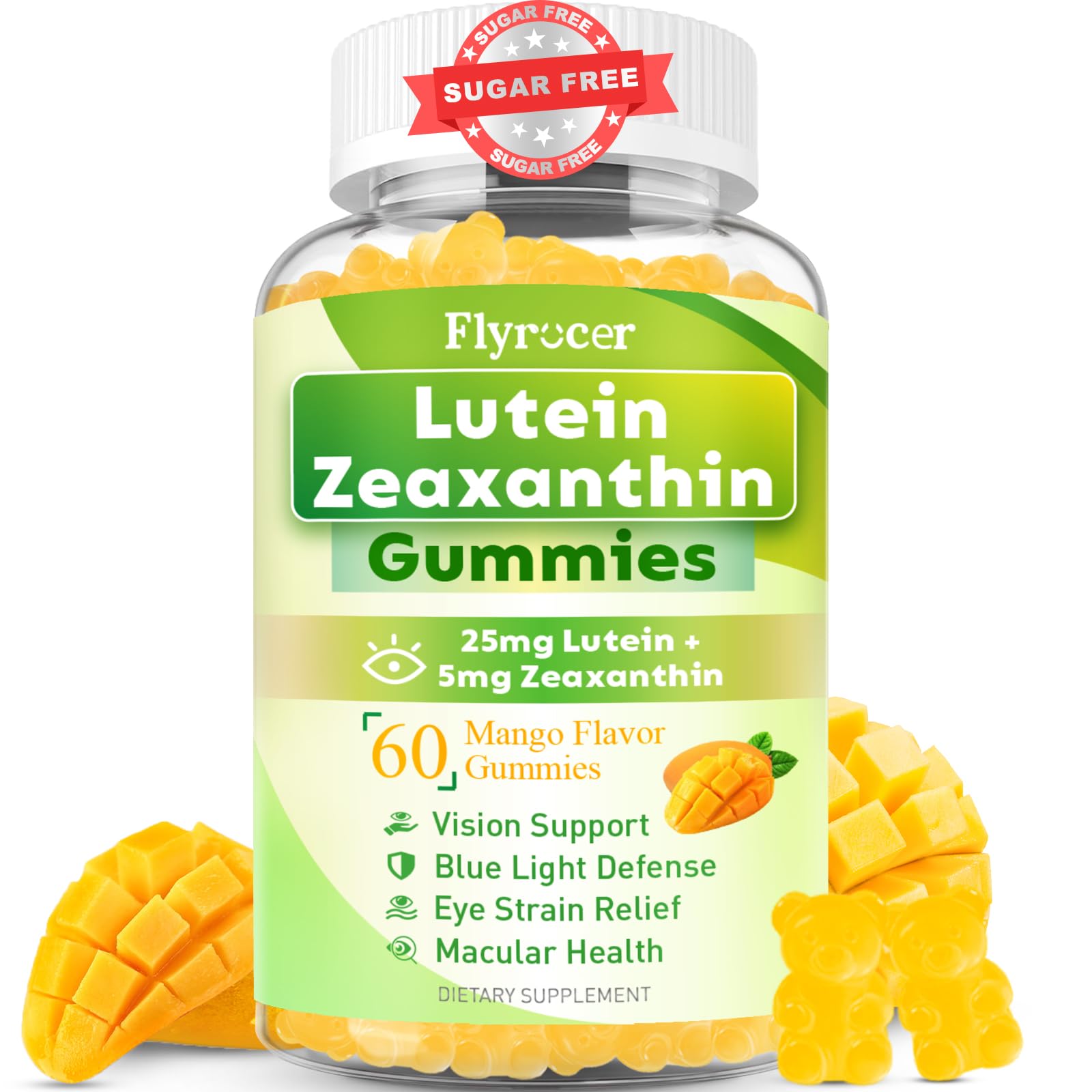 Flyrocer Sugar Free Lutein 25mg with Zeaxanthin Gummies, 60 Count