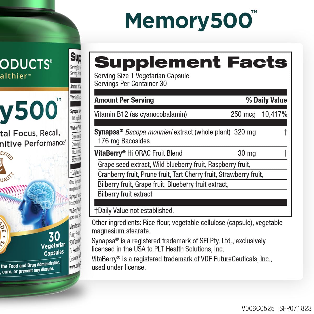 Purity Products Memory500 Bacopa monniera/Brahmi Elite Nootropic Complex Capsules, 30 Count