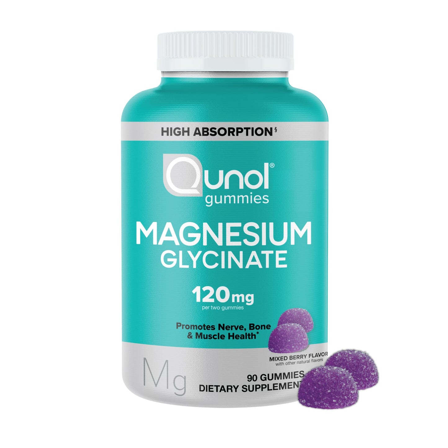 Qunol Magnesium Glycinate Gummies, 120 mg Magnesium Glycinate, High Absorption, Mixed Berry, 90 Gummies