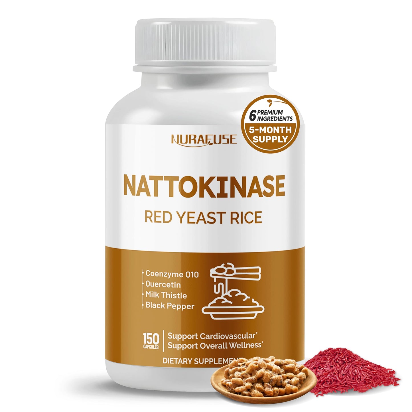 NURAFUSE Nattokinase 11-in-1 Formula with Red Yeast Rice CoQ10, Quercetin, Milk Thistle & Resveratrol, 150 Capsules