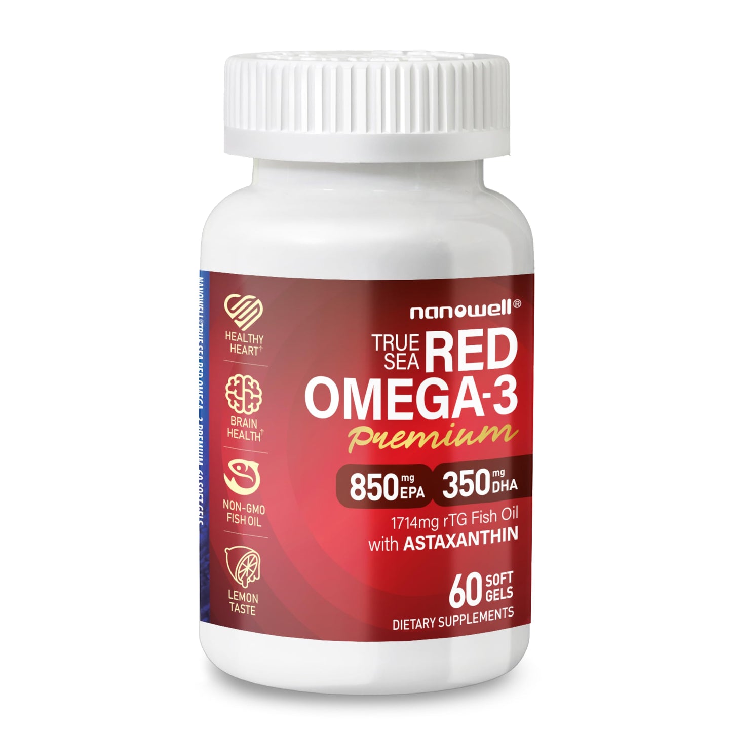 NANOWELL True Sea Red Omega-3 Premium with Astaxanthin, DHA & EPA - Immune Support, Fish Oil Softgels 60