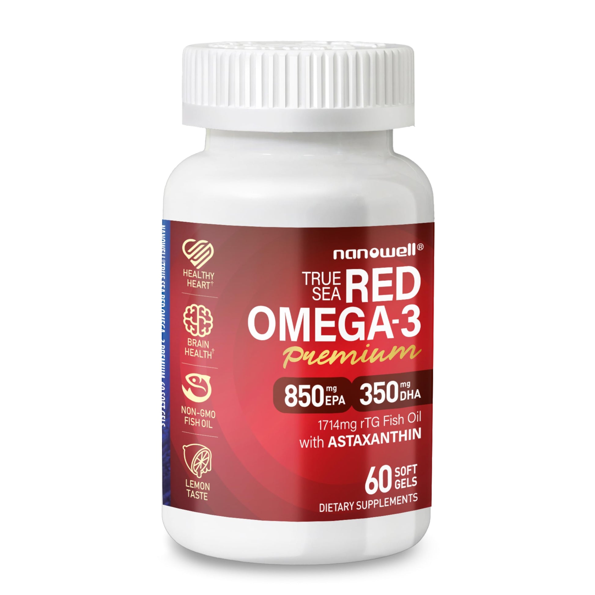 NANOWELL True Sea Red Omega-3 Premium with Astaxanthin, DHA & EPA - Immune Support, Fish Oil Softgels 60