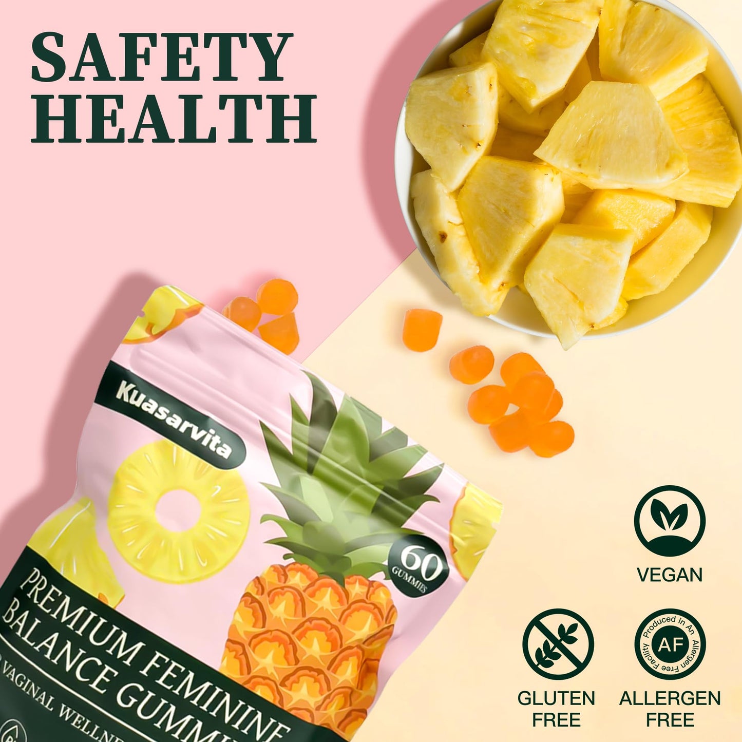 Kuasarvita Premium Feminine Balance Gummies for Women, Vaginal Probiotics, PH Balance, Pineapple Flavor, 60 Gummies