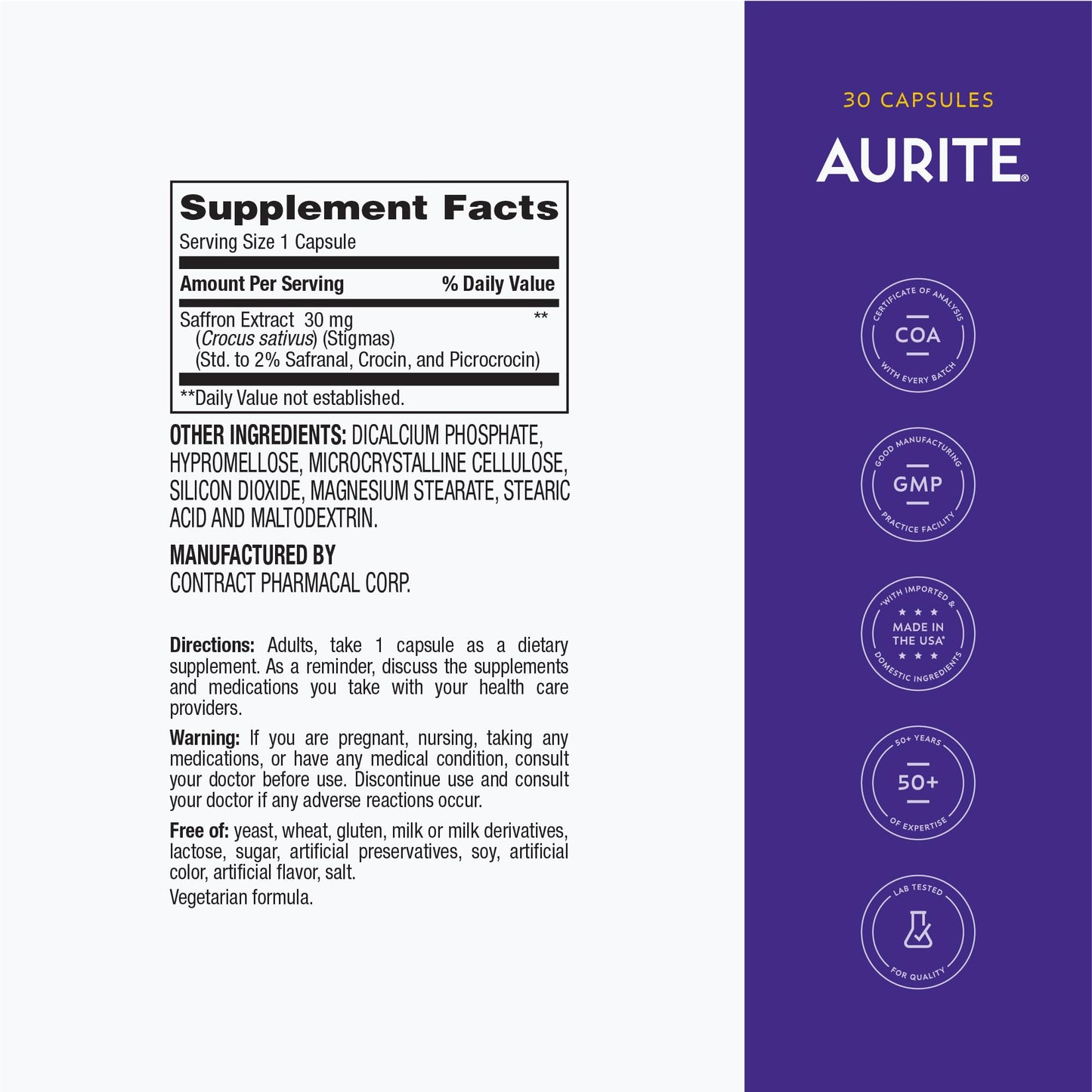 Aurite Saffron 30mg Mood Memory Support Capsule, 30 Count