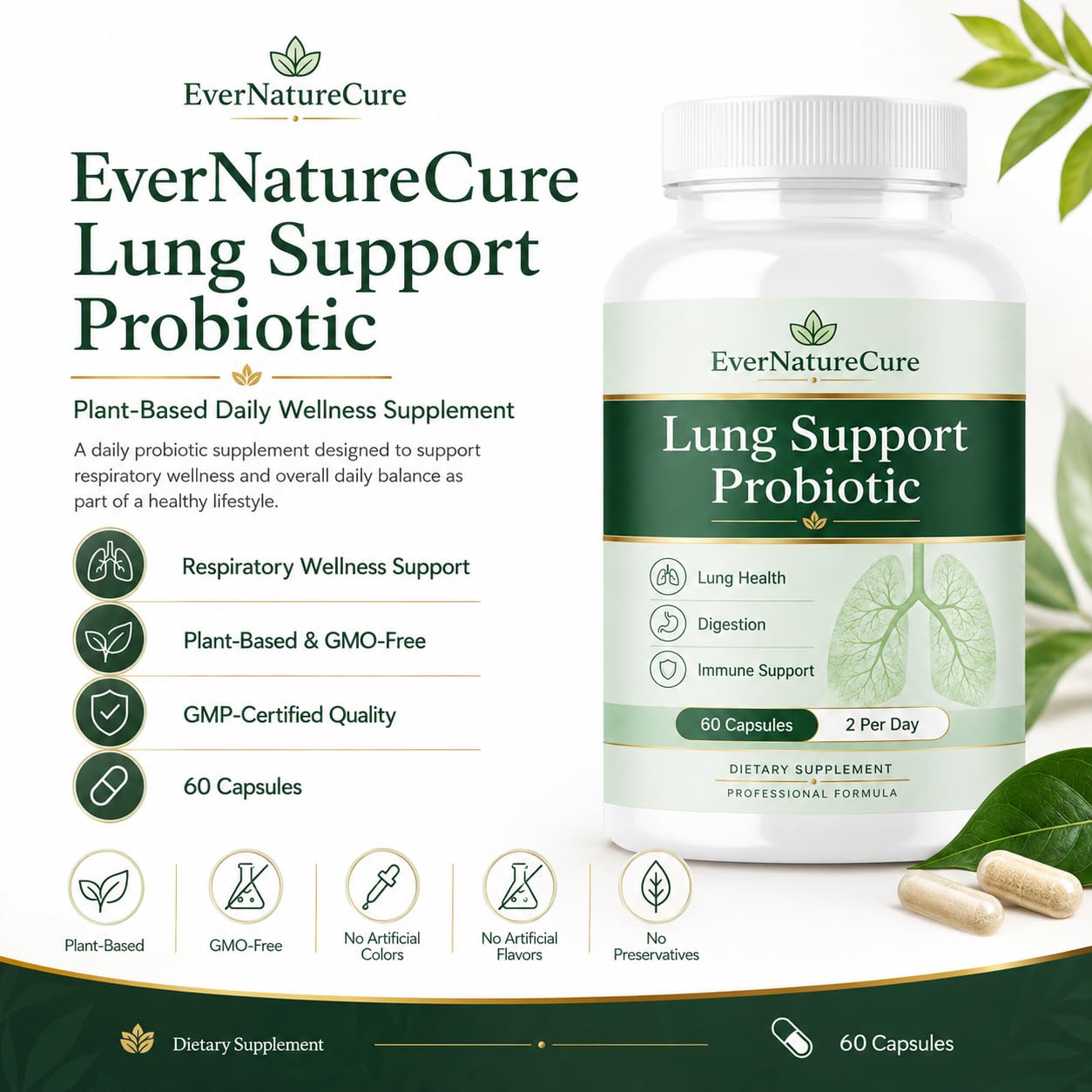 PRIDEWELL EverNatureCure Lung Support Probiotics Capsules 60 Count