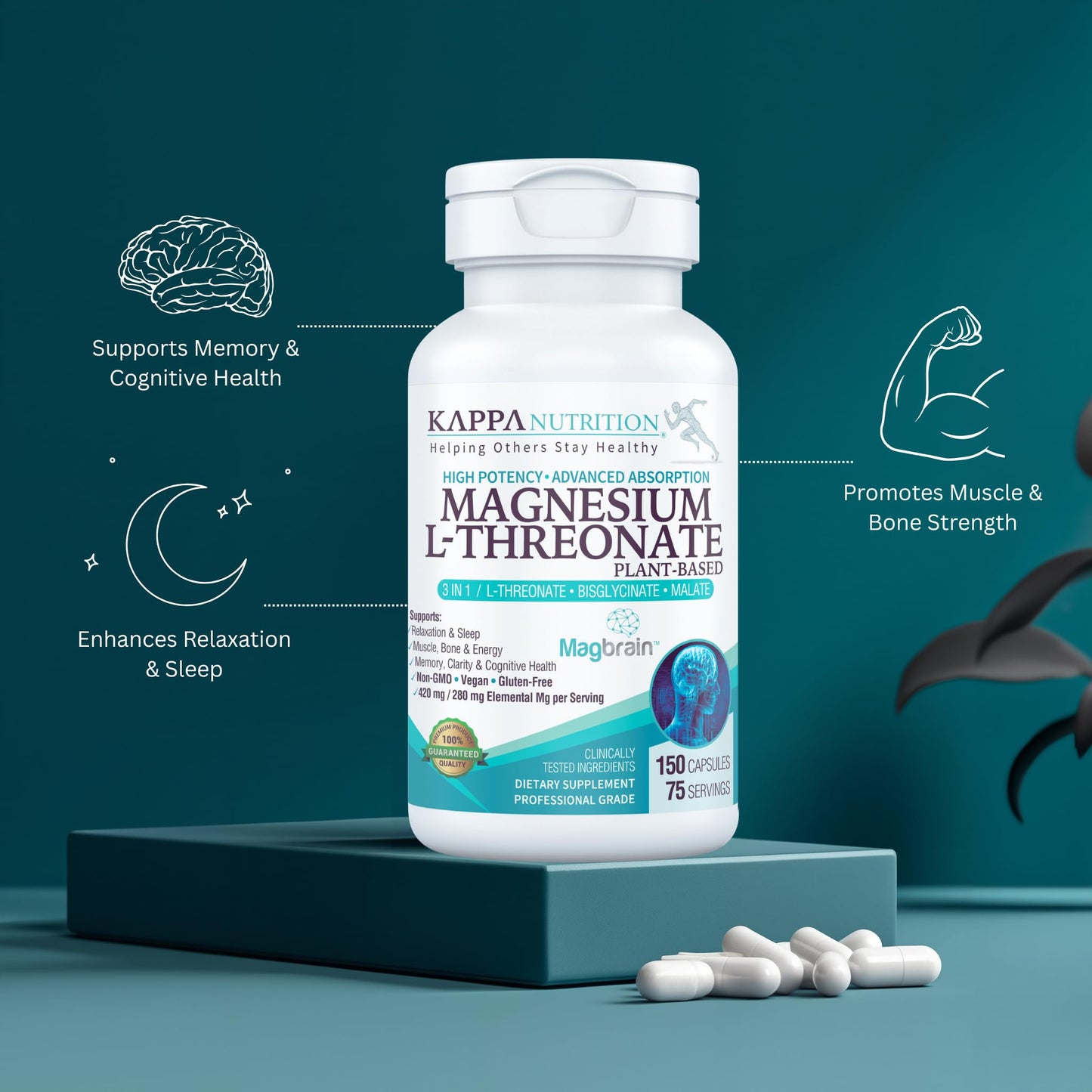 KAPPA NUTRITION Magnesium L-Threonate Powered by MagBrain, Plant-Based, 150 Capsules