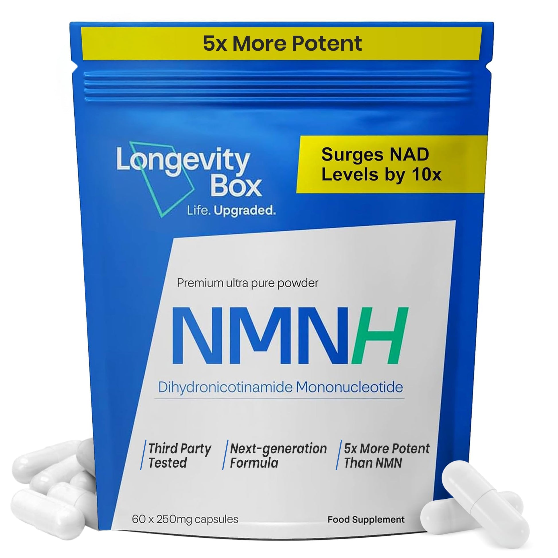 Longevity Box NMNH NMN Alternativen 250mg - 5X More Potent Dihydronicotinamide Mononucleotide NAD+ Booster for Peak Cellular Energy, DNA Repair & Healthy Aging 60 Capsules