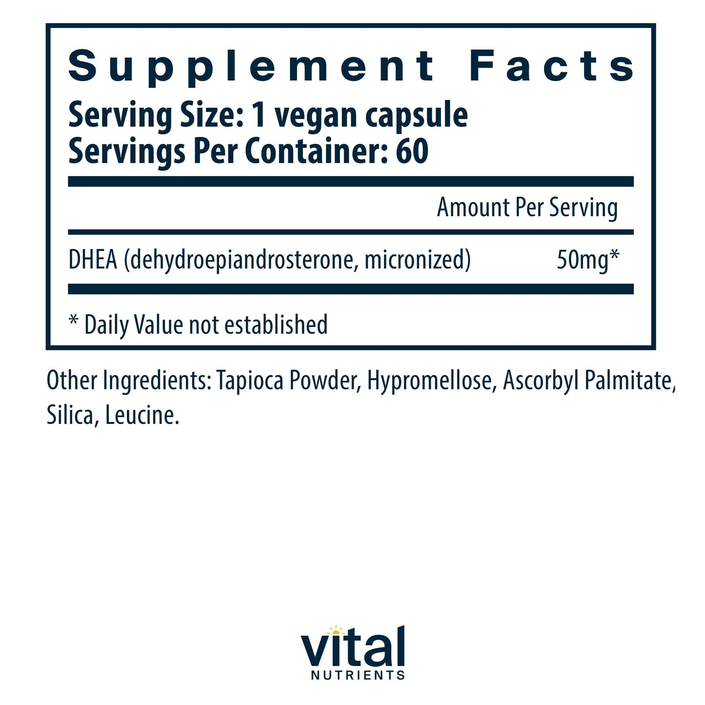 Vital Nutrients DHEA 50mg Vegan Micronized DHEA Supplement, 60 Capsules