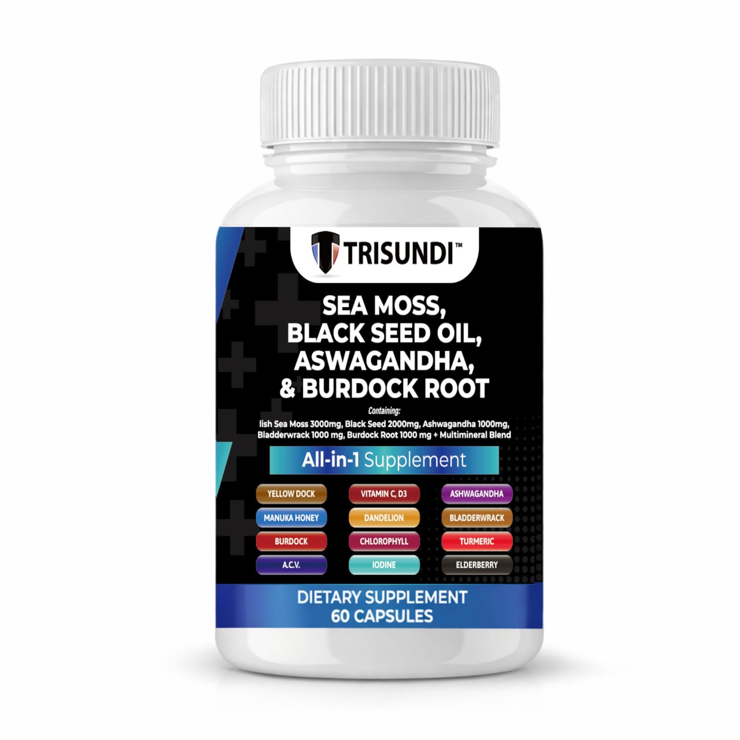 Trisundi Sea Moss Complex with Black Seed Oil, Ashwagandha & Burdock Root All-in-One Herbal Supplement with Vitamins & Minerals, 60 Capsules
