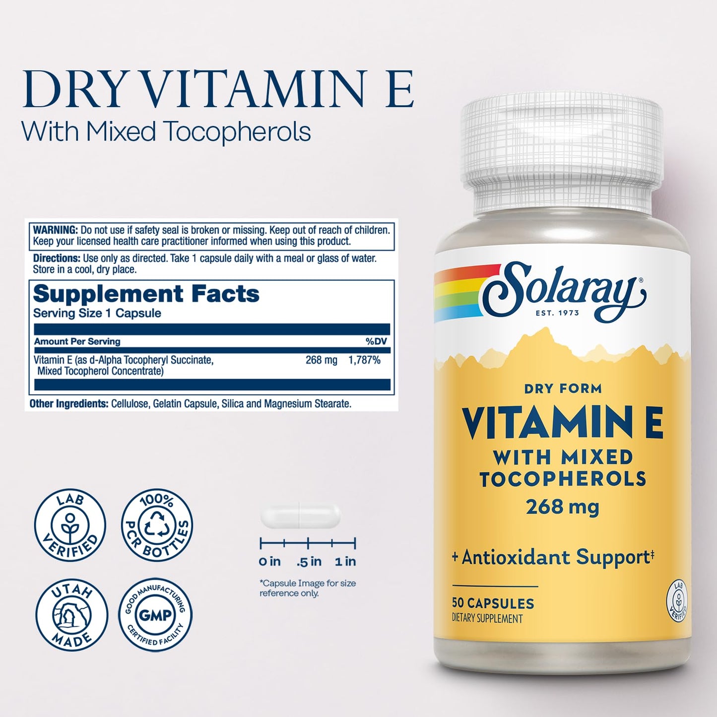 SOLARAY Vitamin E 400 IU (268 mg) Dry Form with Mixed Tocopherols Capsule 50 Capsules